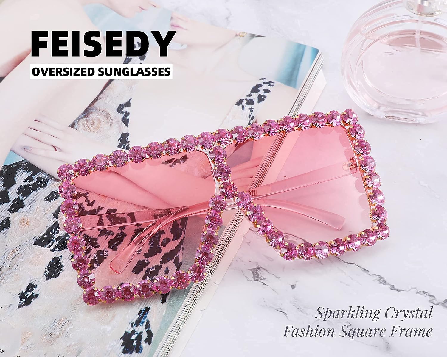 商品图片 32 | B096YZPRF2 | FEISEDY Oversized Sparkling Crystal Sunglasses Disco Diamond Flat Top Fashion Square Large Shades B2782