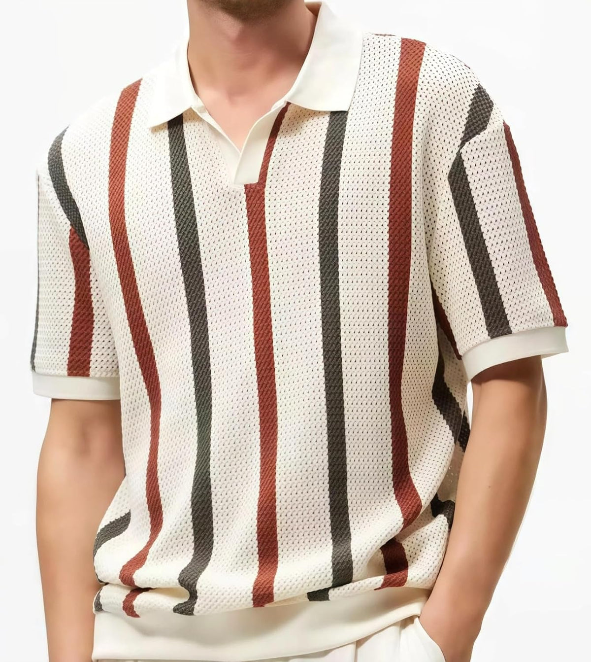 Medium | B0GF1RG4DG | Striped Short Sleeve Shirt for Men, Collar Without Buckle, Ventilate Knit Mesh Retro Polo Top, Summer Casual Style