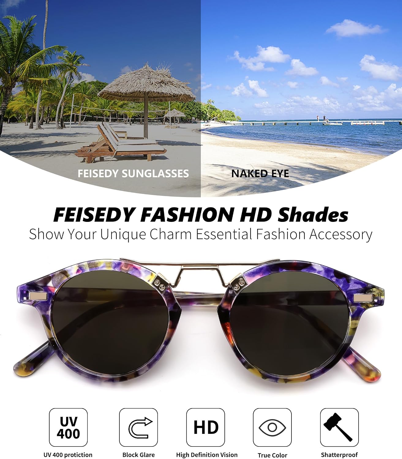 商品图片 15 | B0GX62YR7C | FEISEDY Retro Round Metal Brow Sunglasses for Women for Small Face B0427