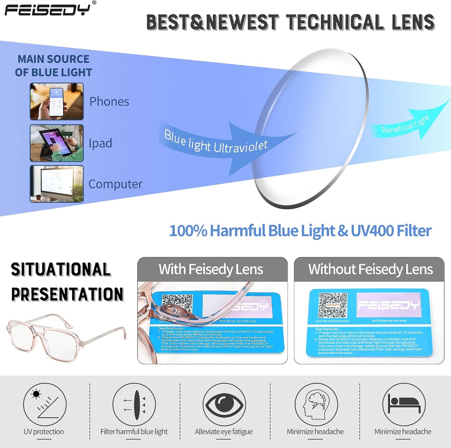 商品图片 12 | B0C65DXFMC | FEISEDY Retro Square Blue Light Blocking Reading Glasses for Women Men 70s Flat Aviator Glasses Anti-Fatigue Reader B2993