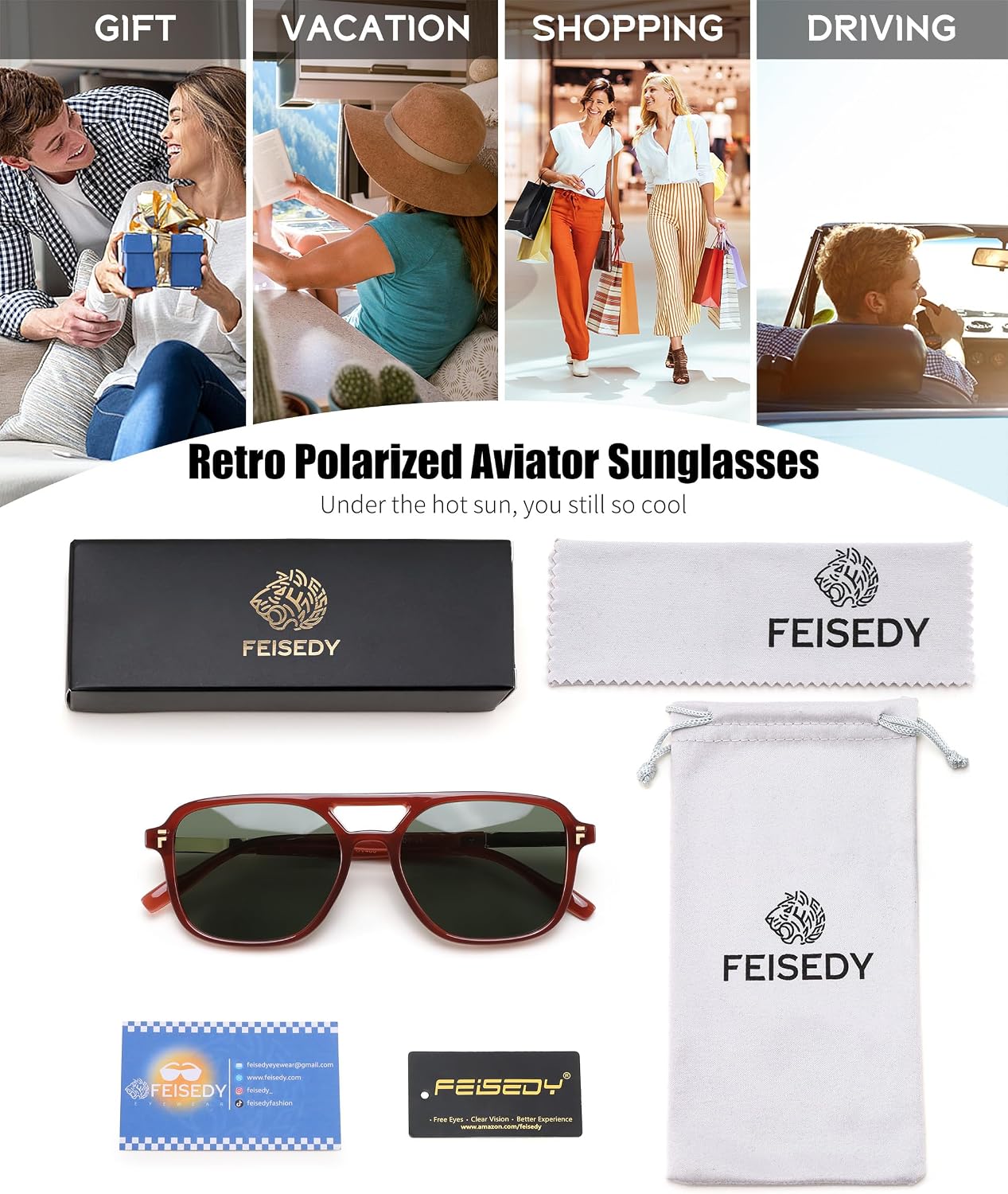 商品图片 42 | B0H2V9BFS5 | FEISEDY Retro Polarized Aviator Square Sunglasses for Women Men UV400 B0357