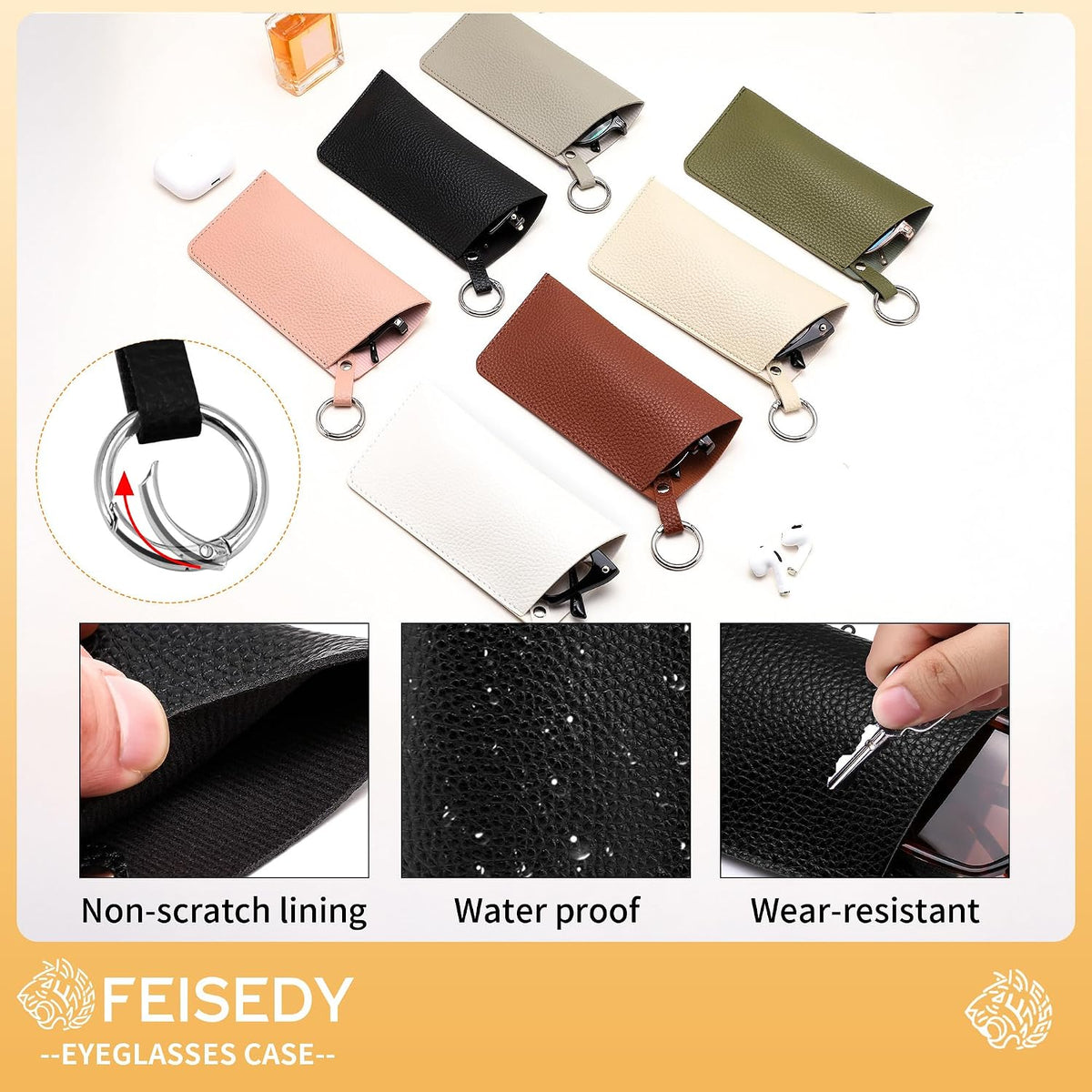 ÉÌƷͼƬ 25 | B0FKBLV8J9 | FEISEDY 2Pack Portable Glasses Case with Clip Hook, Soft Leather Eyeglass case Bag, Slim Sunglasses Pouch B0313