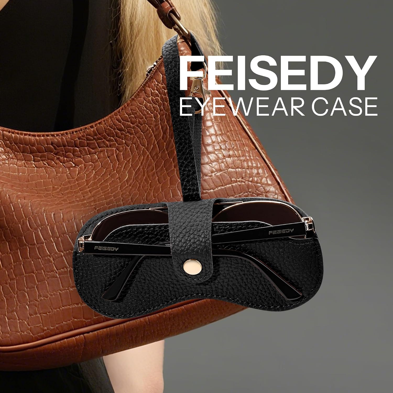 商品图片 2 | B0FMY27LR3 | FEISEDY Sunglass Case, 2Pcs Soft Leather Eyeglass Cases for Women | Slim Portable Glasses Holder, with Button-Closure Wrist Strap for Travel & Outdoor B0308