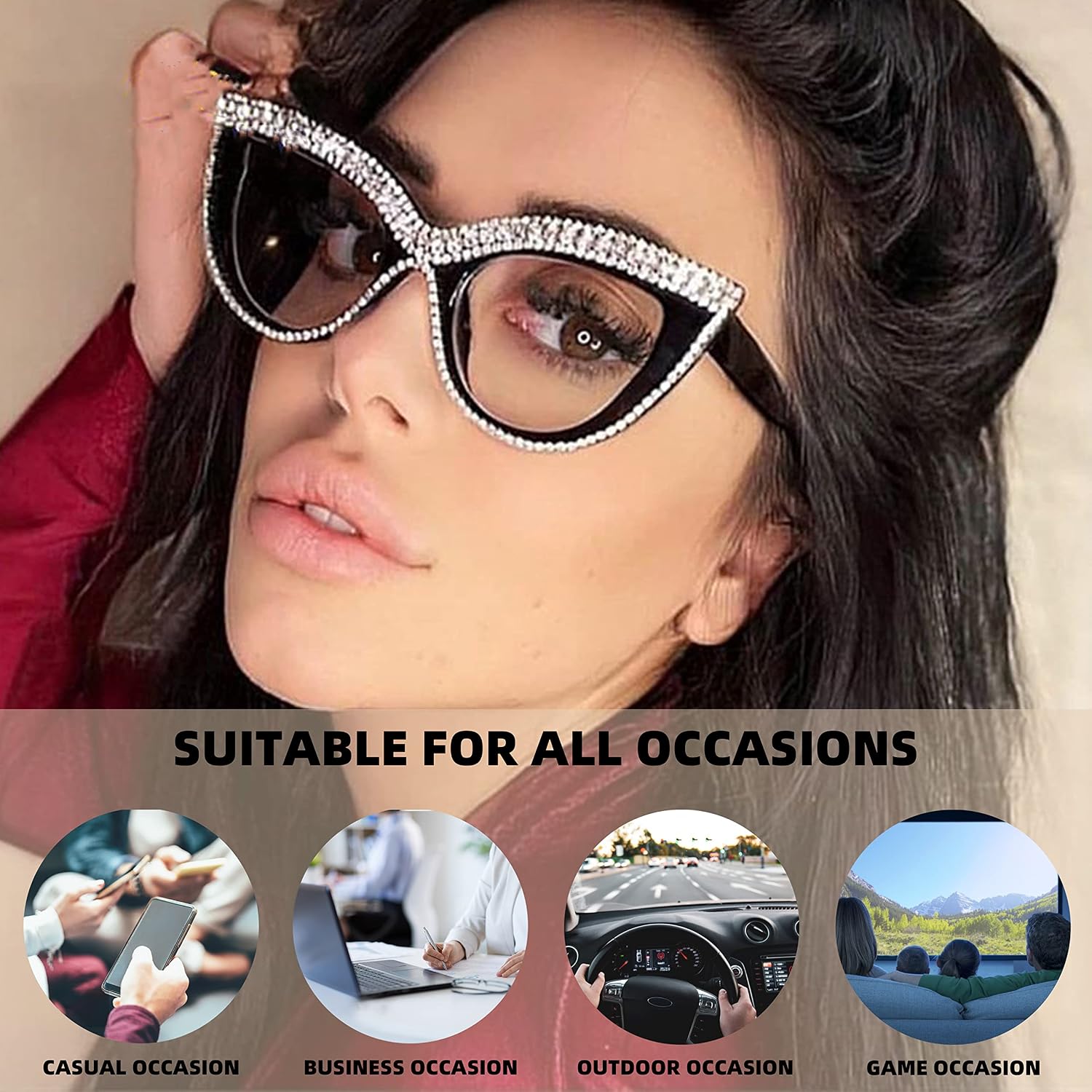 商品图片 2 | B0BLH5NHK8 | FEISEDY Diamond Blue Light Blocking Glasses Cat Eye Rhinestone Women Oversized Anti Eyestrain Computer Glasses Frame B2358