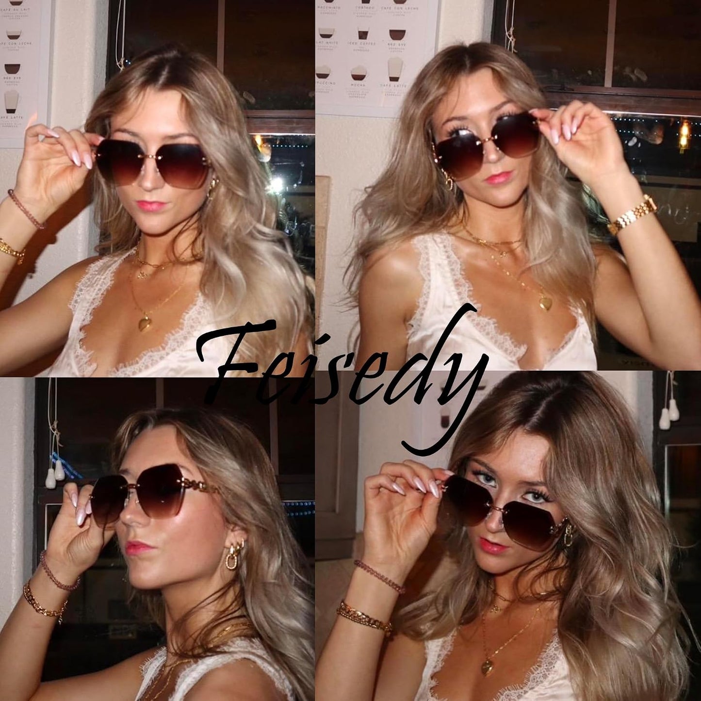 商品图片 3 | B083VRLS2Q | FEISEDY Classic Rimless Sunglasses Women Metal Frame Diamond Cutting Lens Sun Glasses B2567