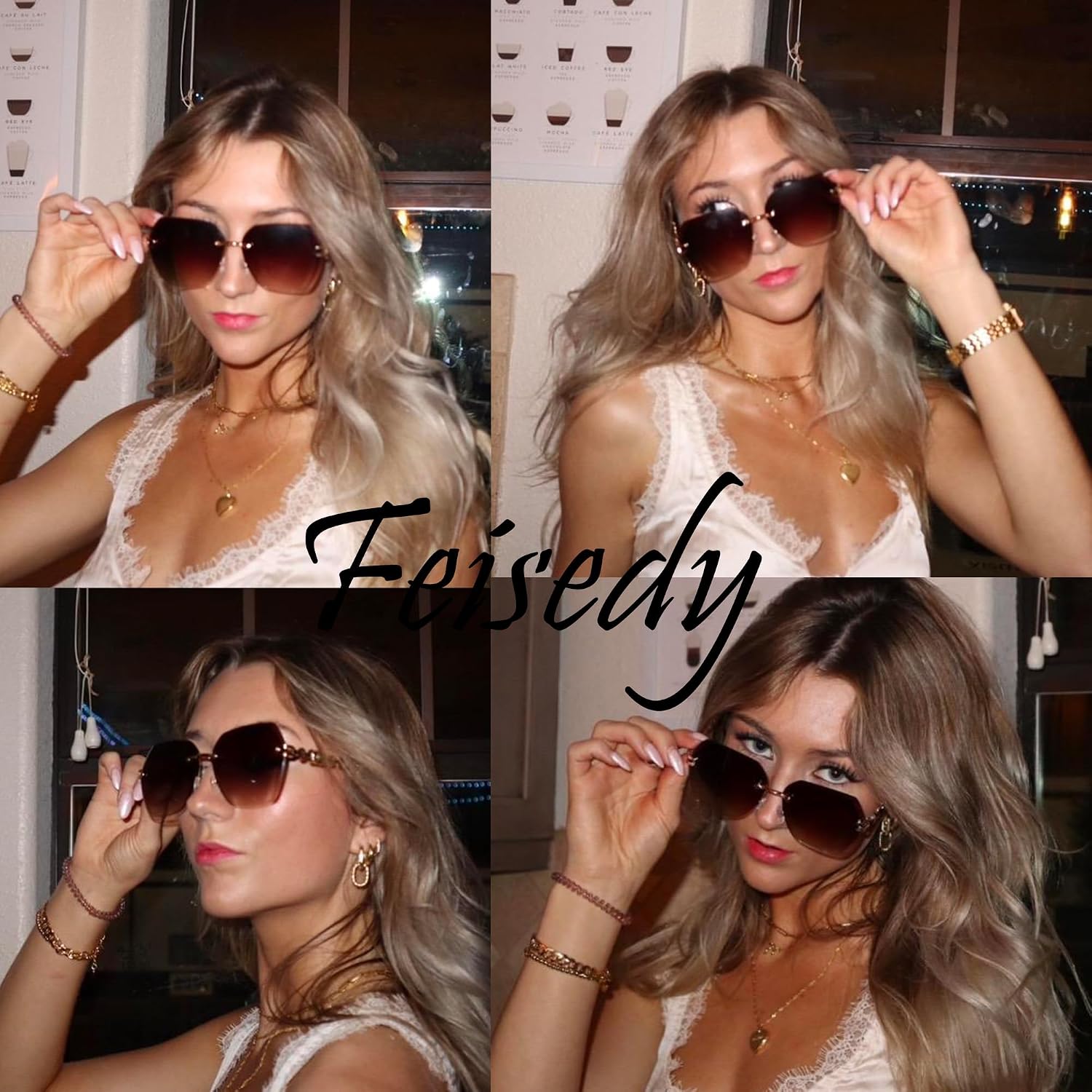 商品图片 3 | B083VRLS2Q | FEISEDY Classic Rimless Sunglasses Women Metal Frame Diamond Cutting Lens Sun Glasses B2567