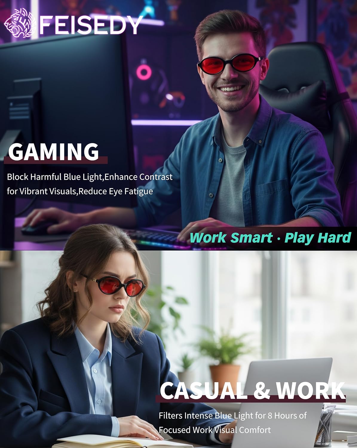 ÉÌƷͼƬ 8 | B0GRTTF33N | FEISEDY Oval Blue Light Glasses for Women Men, Red Lens Anti-Blue Light, Fashion Computer Gaming Eyeglasses B0415