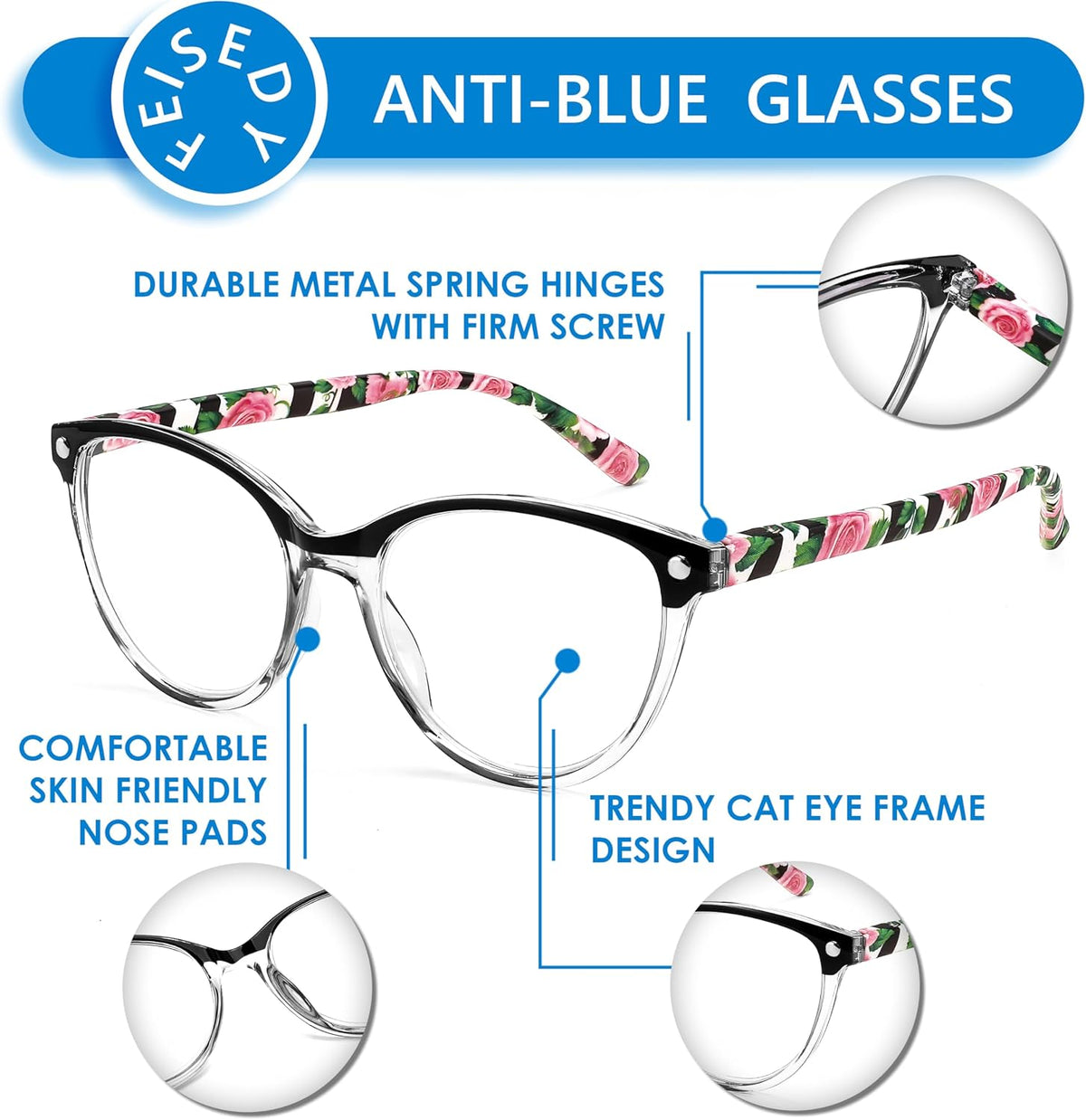 商品图片 3 | B0CHPCPR6X | FEISEDY Reading Glasses Cat Eye Blue Light Blocking Readers Anti Eyestrain with Spring Hinge B0043