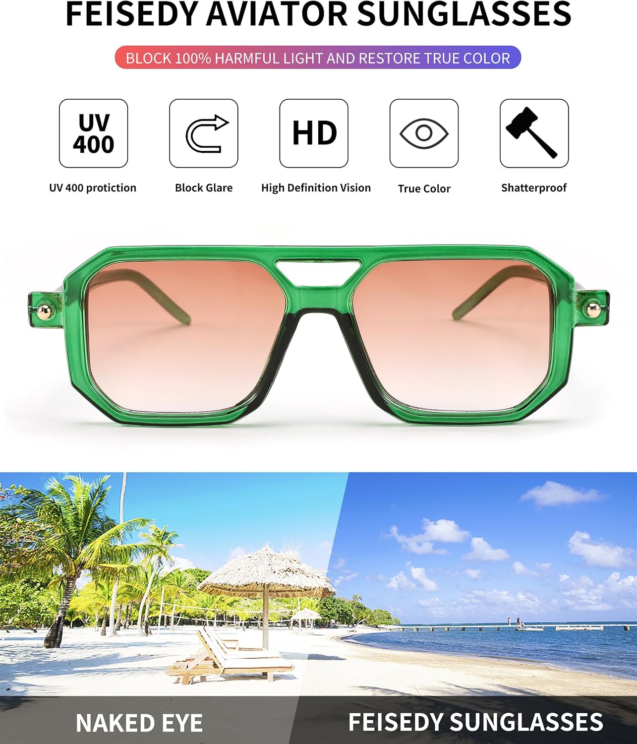 商品图片 42 | B09YTJ4FQZ | FEISEDY Vintage Square 70s Flat Aviator Sunglasses Women Men Classic Retro Stylish Frame UV400 Sunglasses B2622