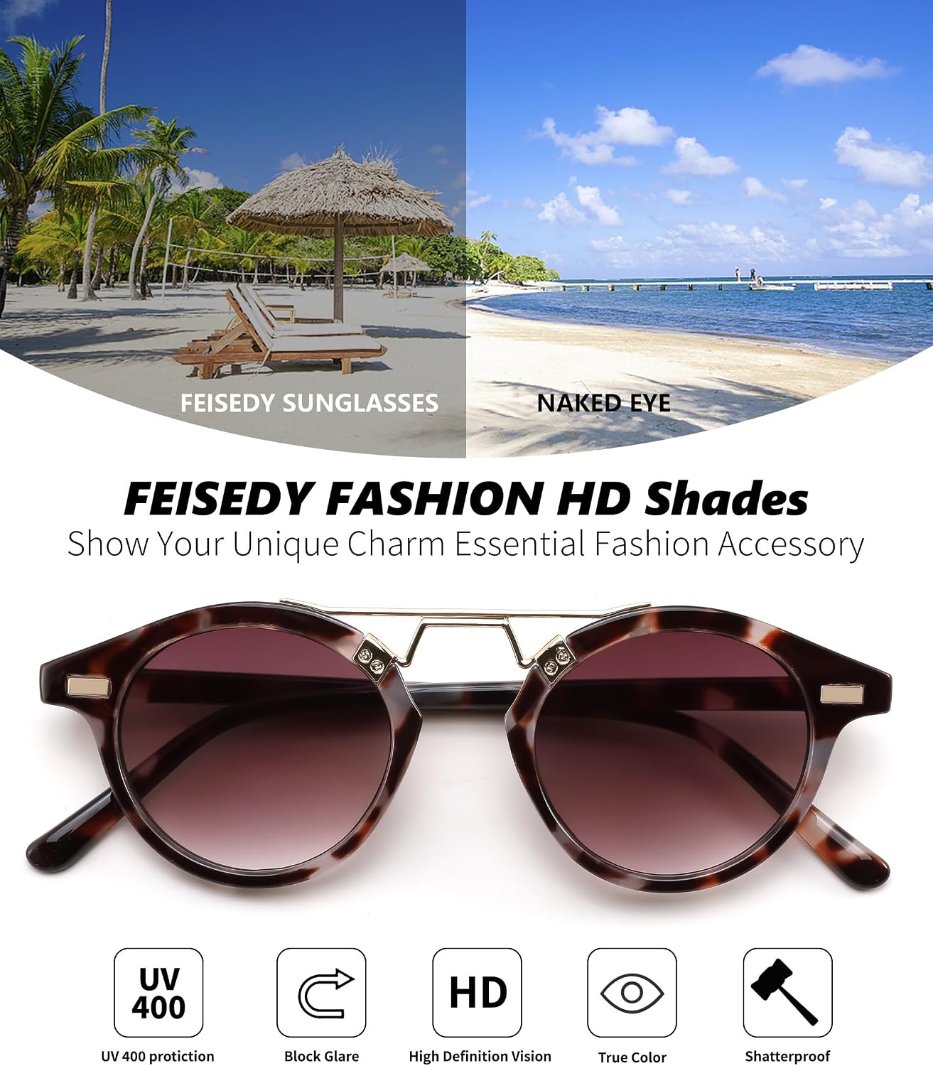 商品图片 31 | B0GX62YR7C | FEISEDY Retro Round Metal Brow Sunglasses for Women for Small Face B0427