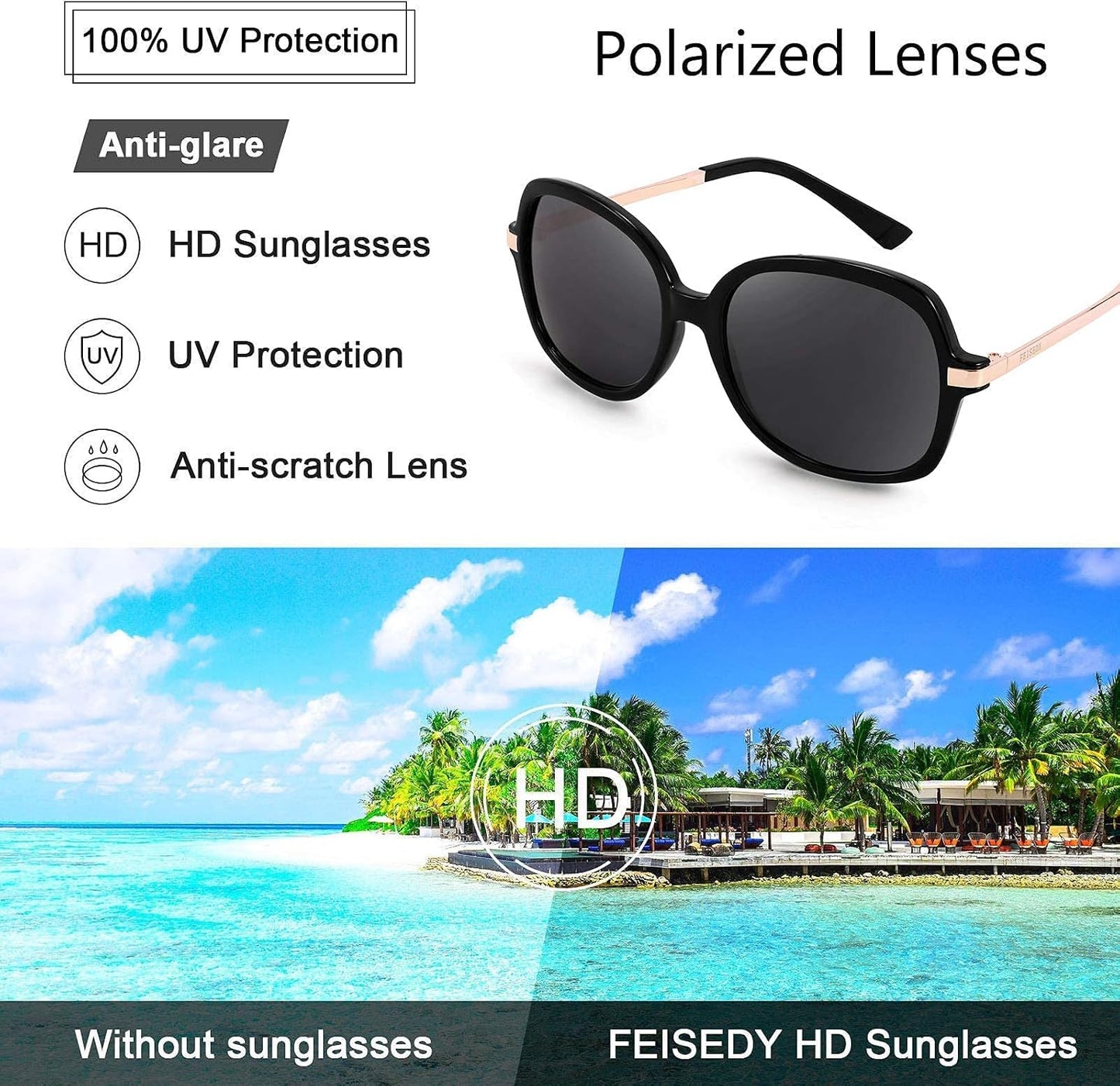 商品图片 7 | B08QDD5B67 | FEISEDY Classic Womens Elegant Polarized Sunglasses Ladies Wide Square Sunglasses Shades B2683