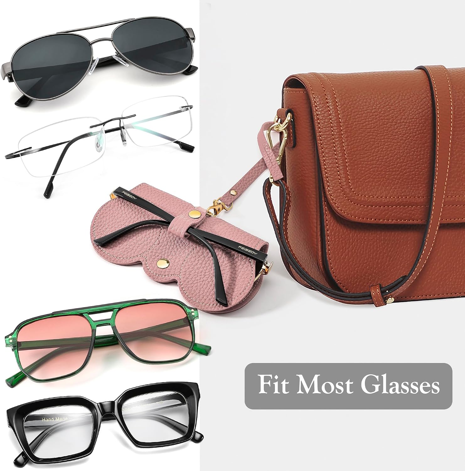 商品图片 9 | B0CFPPR4K1 | FEISEDY 2Pack Soft Leather Sunglass Bag, Portable Holder Eyeglasses Case | Lightweight Portable Design, With Button Clip Wrist Strap for Travel Daily Use B0049