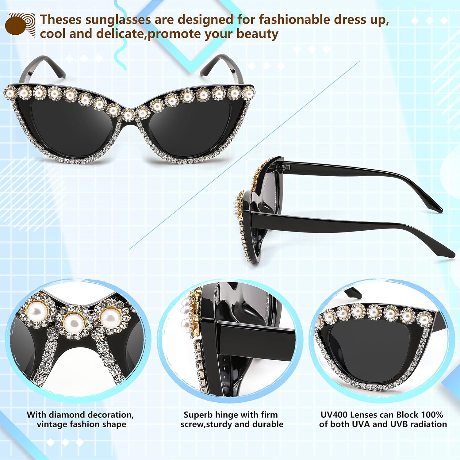 商品图片 35 | B0BZ7YMM4F | FEISEDY Oversized Women Cat Eye Rhinestone Sunglasses Costume Party B2360