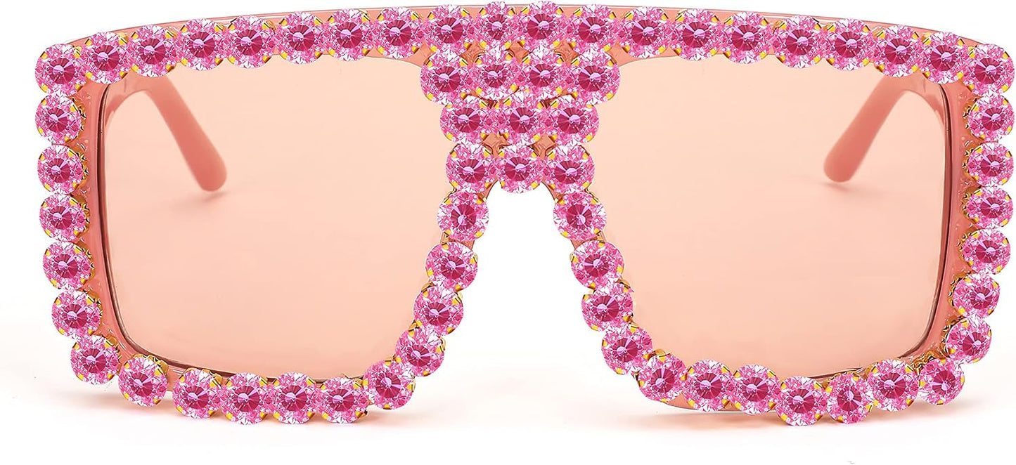 002 Pink Frame/Pink Diamond Light Pink Lens / 60 Millimeters | B09YHJ2R39 | FEISEDY Square Diamond Sunglasses for Women Retro Fashion Shiny Rhinestone Sun Glasses B2916