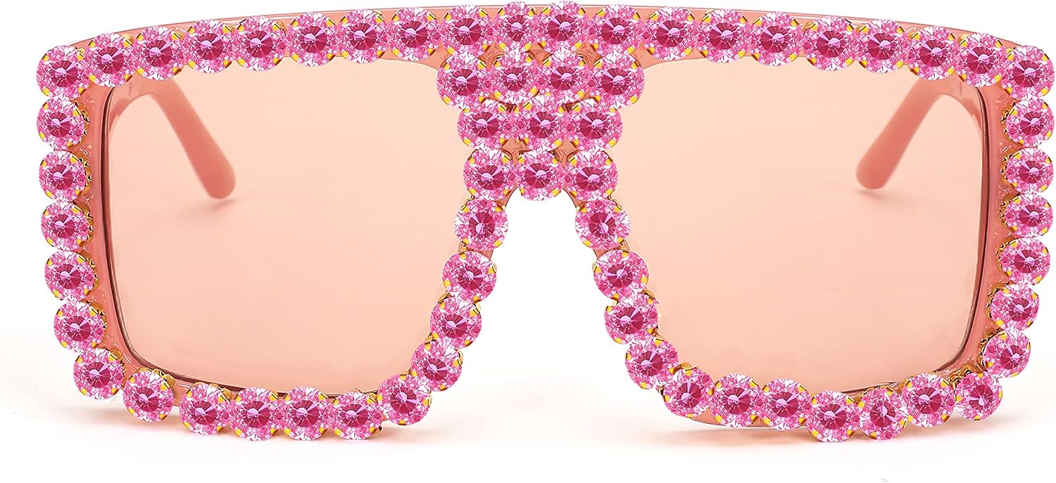 002 Pink Frame/Pink Diamond Light Pink Lens / 60 Millimeters | B09YHJ2R39 | FEISEDY Square Diamond Sunglasses for Women Retro Fashion Shiny Rhinestone Sun Glasses B2916
