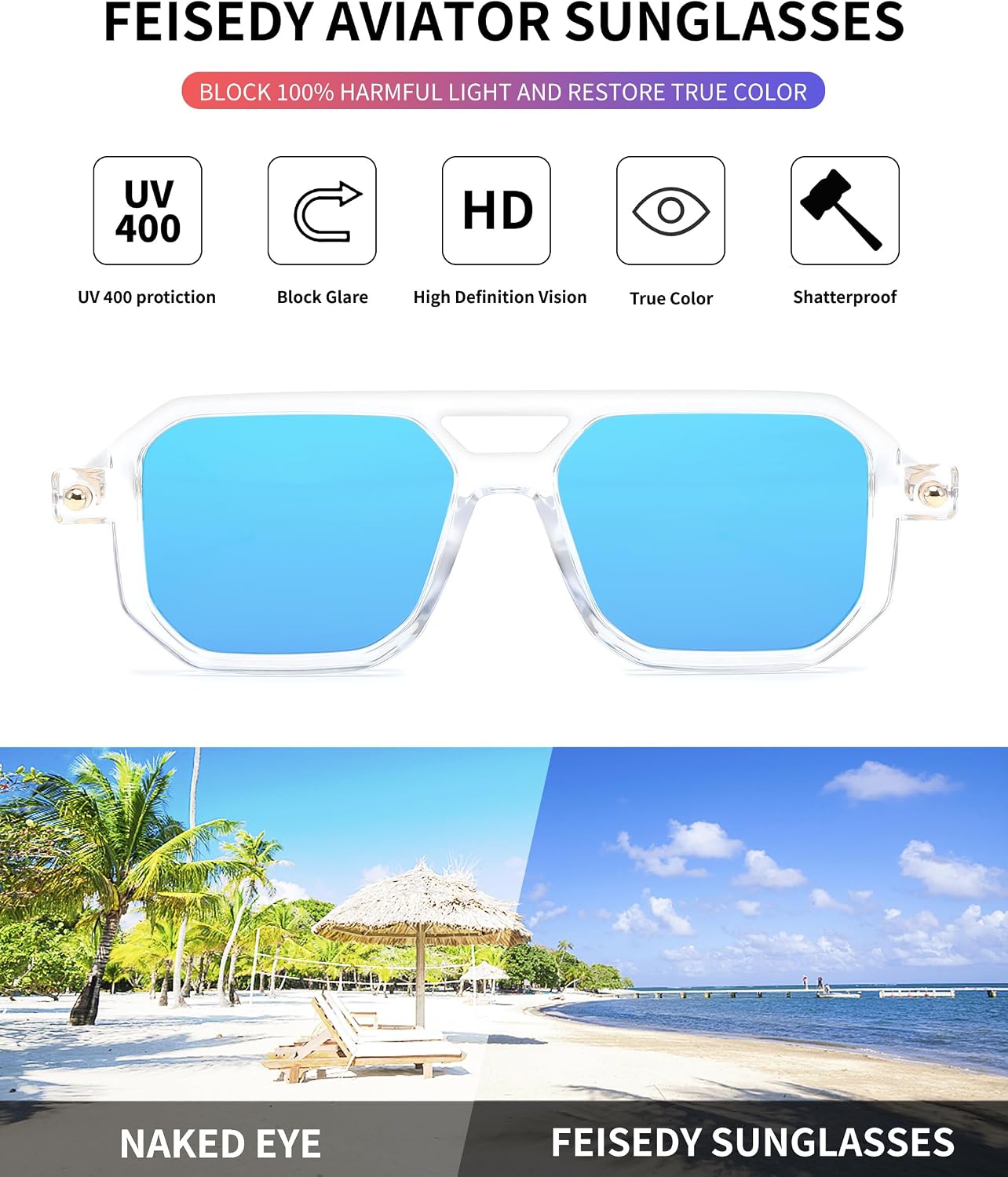 商品图片 206 | B09YTJ4FQZ | FEISEDY Vintage Square 70s Flat Aviator Sunglasses Women Men Classic Retro Stylish Frame UV400 Sunglasses B2622