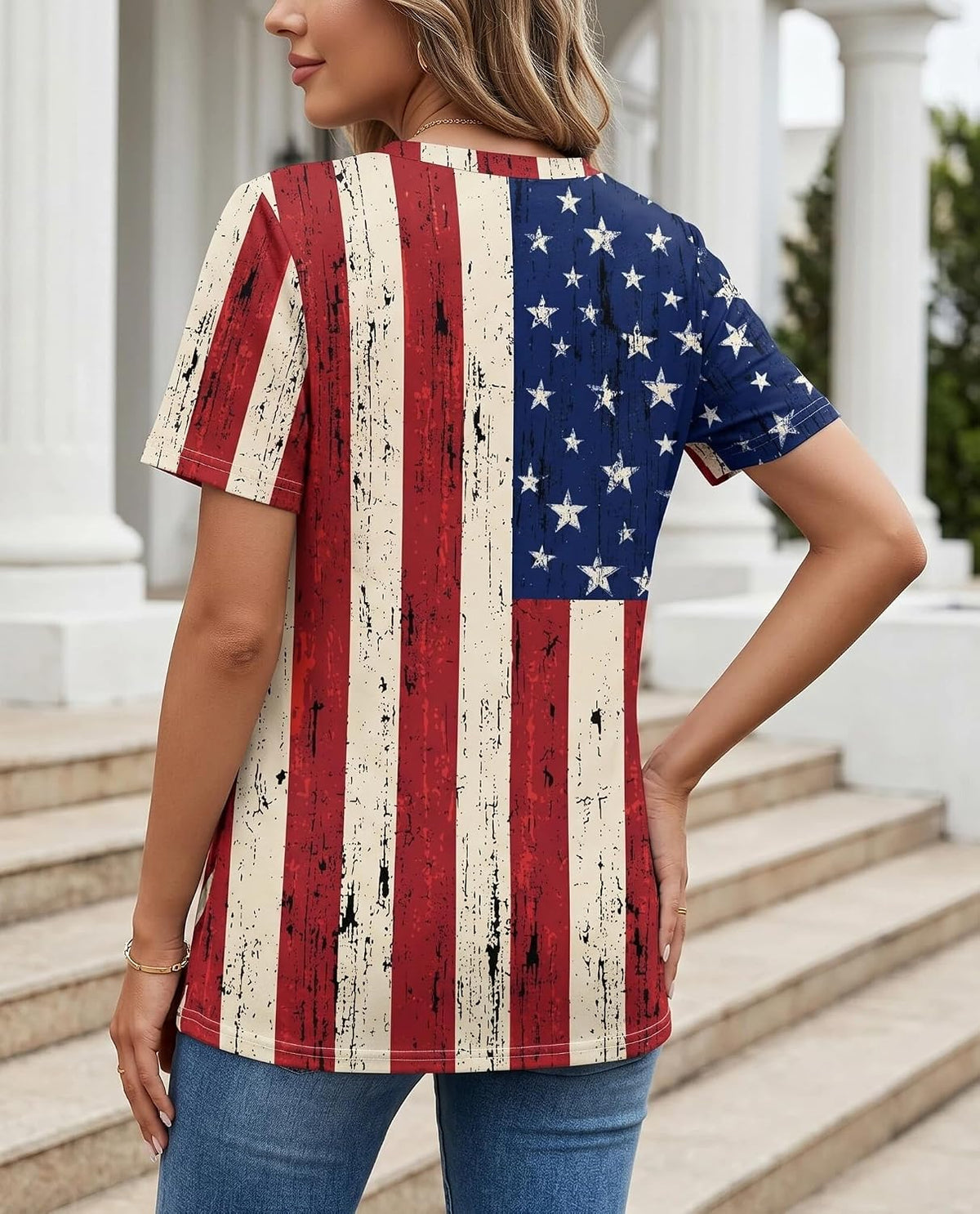 商品图片 3 | B0H4K1ZDH7 | Women's 4th of July American Flag Shirt, Short Sleeve V Neck Patriotic T-Shirt, Casual Summer Tops for Independence Day