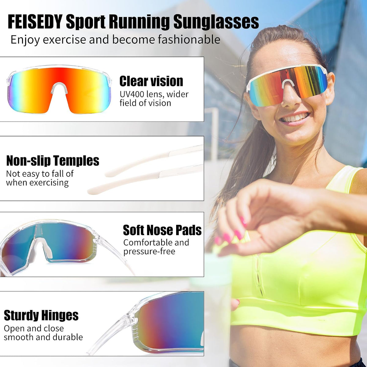 ÉÌƷͼƬ 33 | B0DGTRTMPX | FEISEDY Sports Sunglasses for Men and Women, Large Rectangular Lens, Baseball Cycling Running Sunglasses B0243