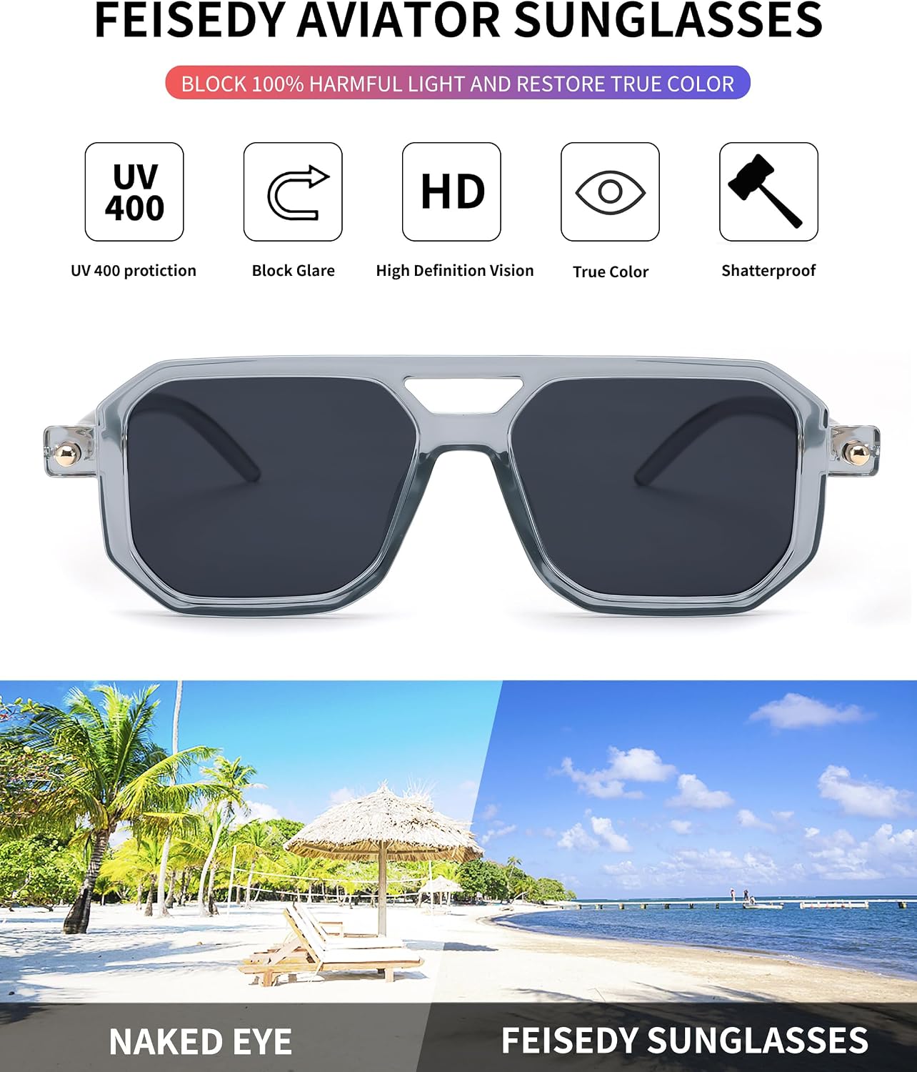 商品图片 49 | B09YTJ4FQZ | FEISEDY Vintage Square 70s Flat Aviator Sunglasses Women Men Classic Retro Stylish Frame UV400 Sunglasses B2622
