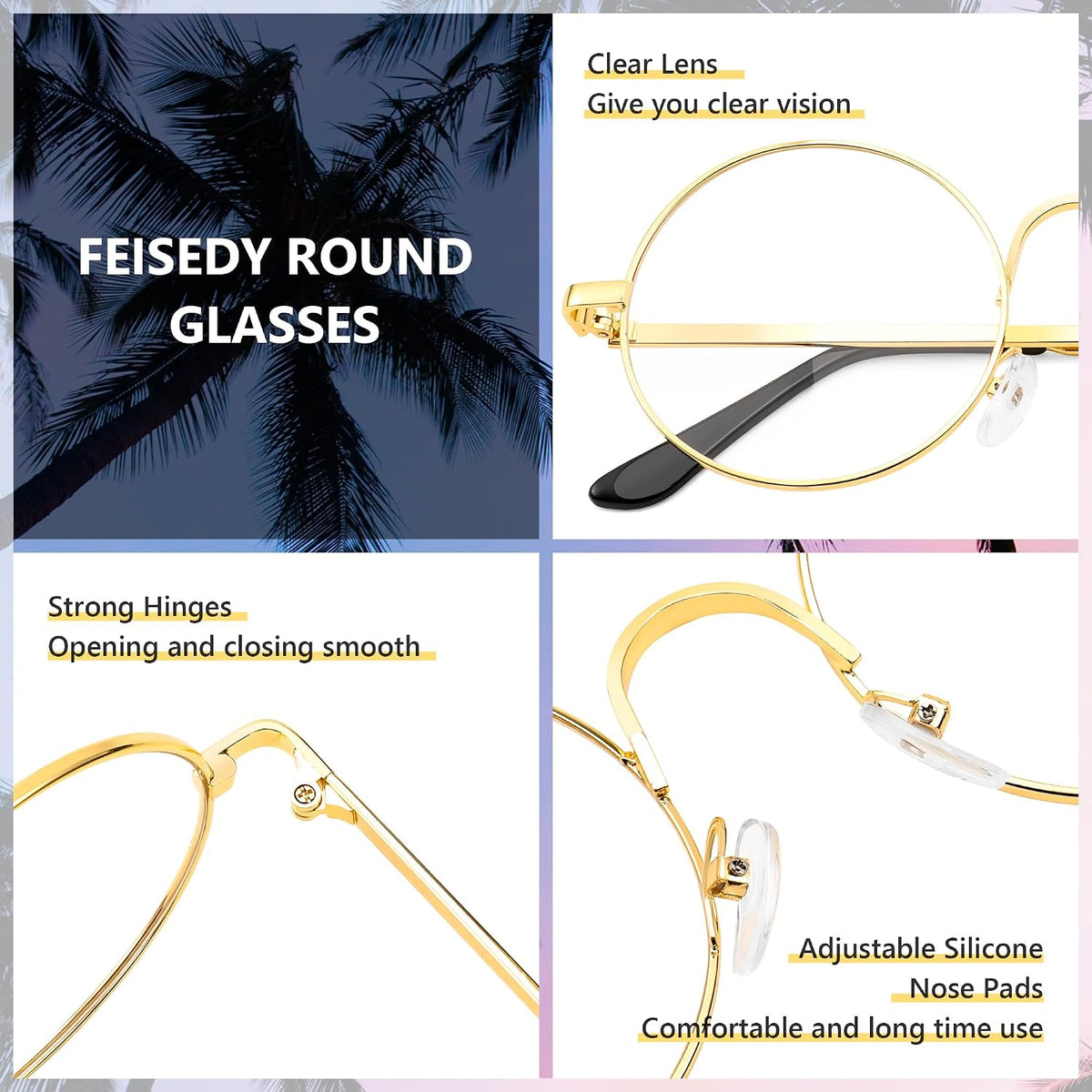 商品图片 12 | B0DSPCTJN4 | FEISEDY Metal Round Glasses for Men Women Retro Nerd Eyeglasses Classic Clear Lens Frame Costume Accessories B0275