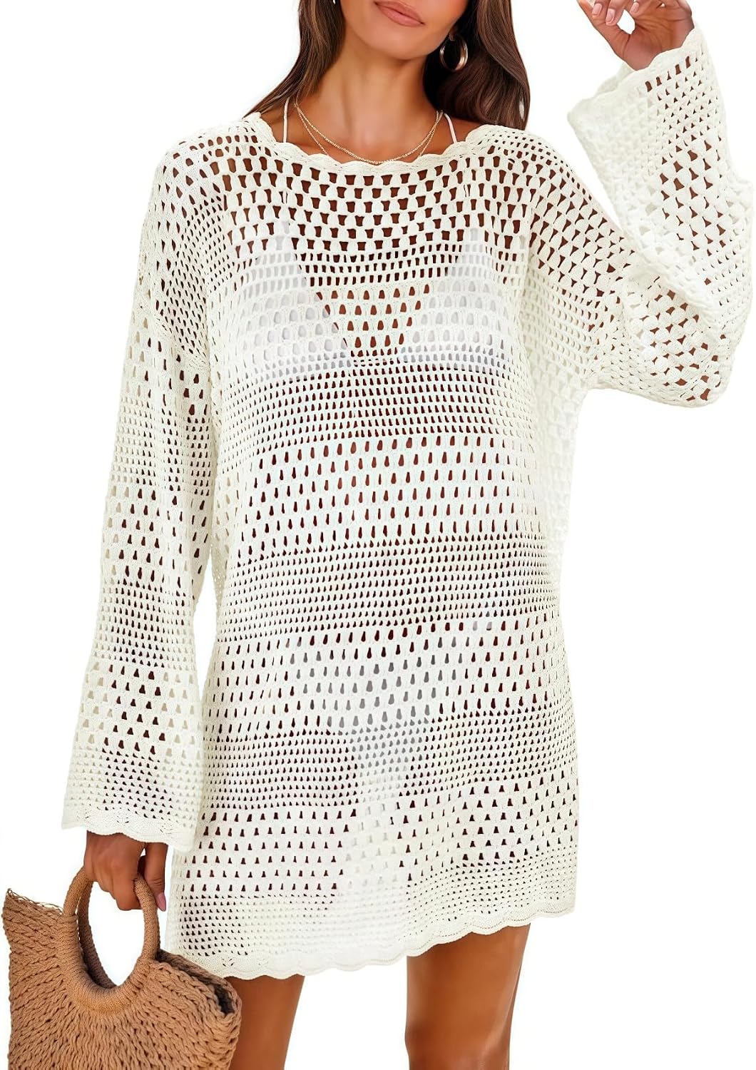 Small | B0GCS4BNC1 | Women Swim Suits Crochet Cover Up - Mesh Knit Beach Dress Summer Bathing Suit Swimwear Resort Wear Beach Cover Up