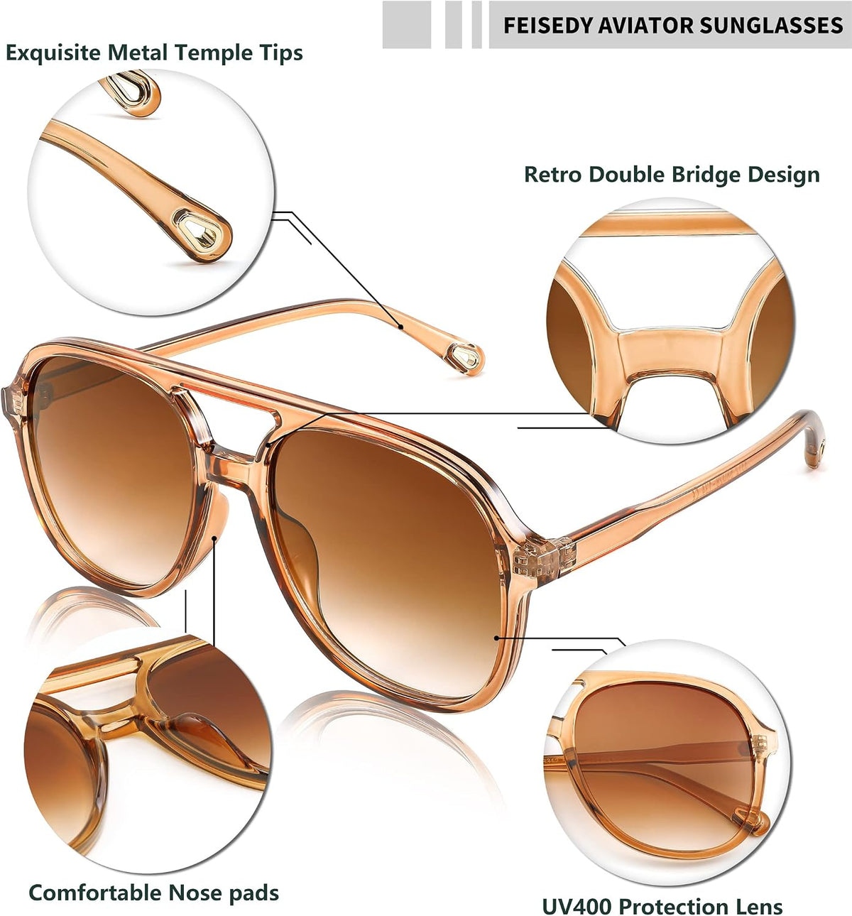 ÉÌƷͼƬ 4 | B0C27PGFFJ | FEISEDY Retro Aviator Sunglasses Women Men Classic Square Shades Trendy Sun Glasses UV400 Protection B2394