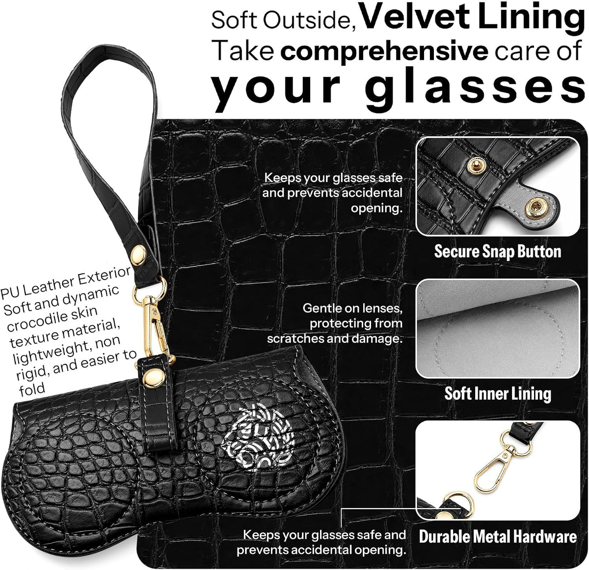 ÉÌƷͼƬ 26 | B0H4QTYMQP | FEISEDY Soft Crocodile Textured Leather Sunglass Bag, Portable Glasses Pouch With Button Clip Wrist Strap B0366