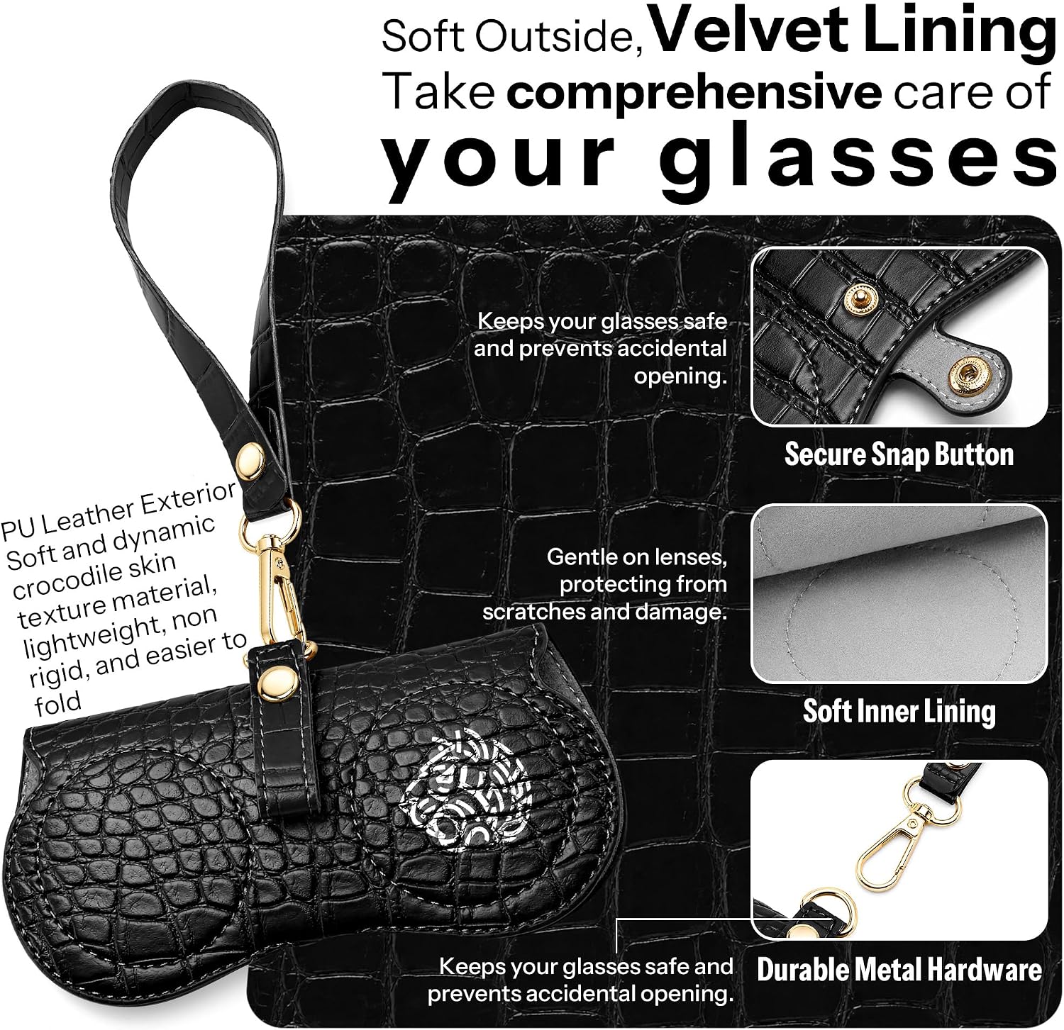 商品图片 26 | B0H4QTYMQP | FEISEDY Soft Crocodile Textured Leather Sunglass Bag, Portable Glasses Pouch With Button Clip Wrist Strap B0366