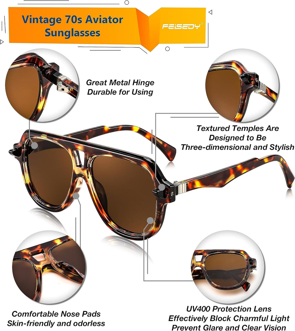 ÉÌƷͼƬ 13 | B0CDGNN3ZN | FEISEDY Vintage 70s Aviator Sunglasses Men Women Classic Retro Trendy Large Frame UV400 Sun Glasses B0030
