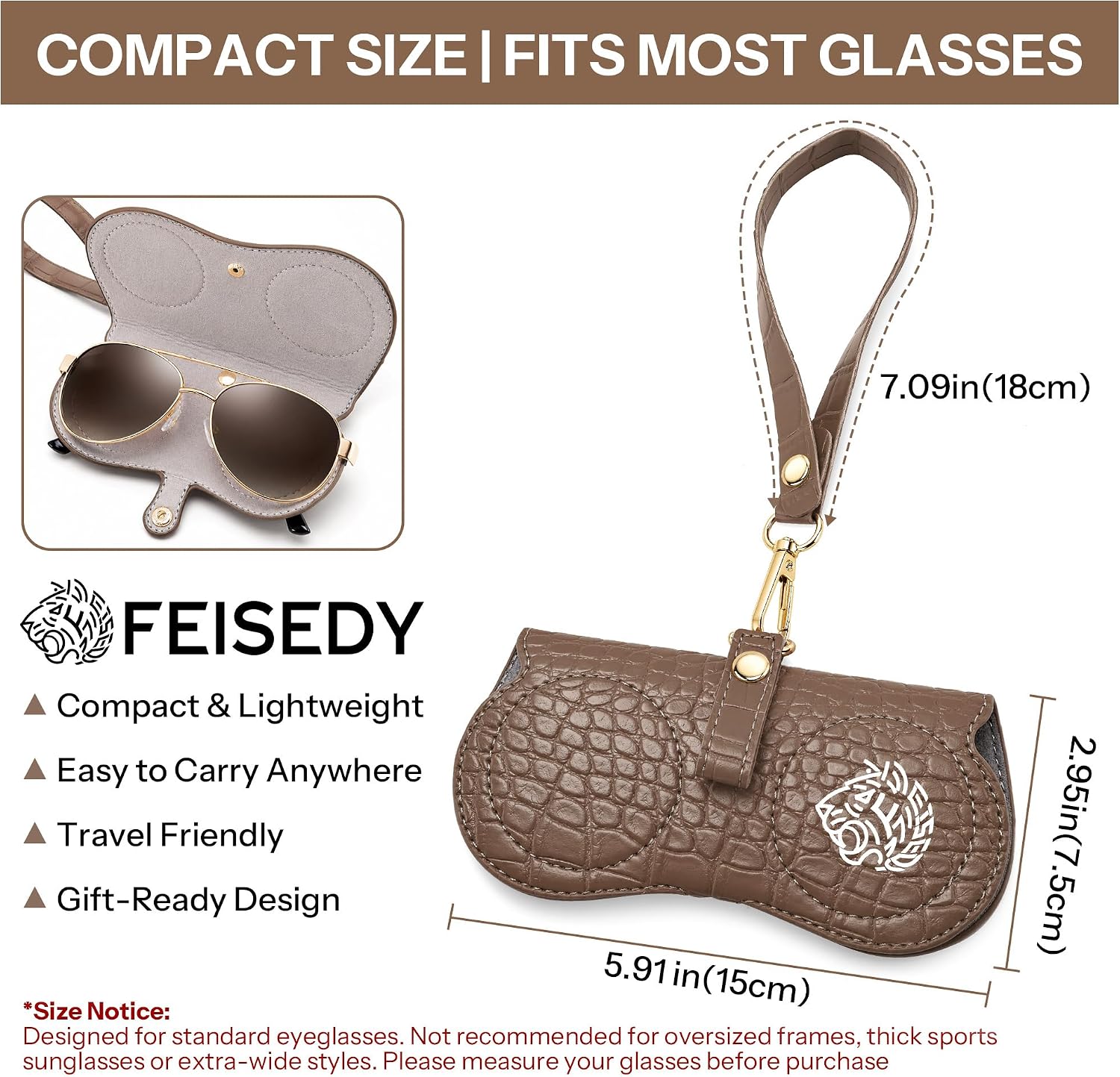 商品图片 6 | B0H4QTYMQP | FEISEDY Soft Crocodile Textured Leather Sunglass Bag, Portable Glasses Pouch With Button Clip Wrist Strap B0366