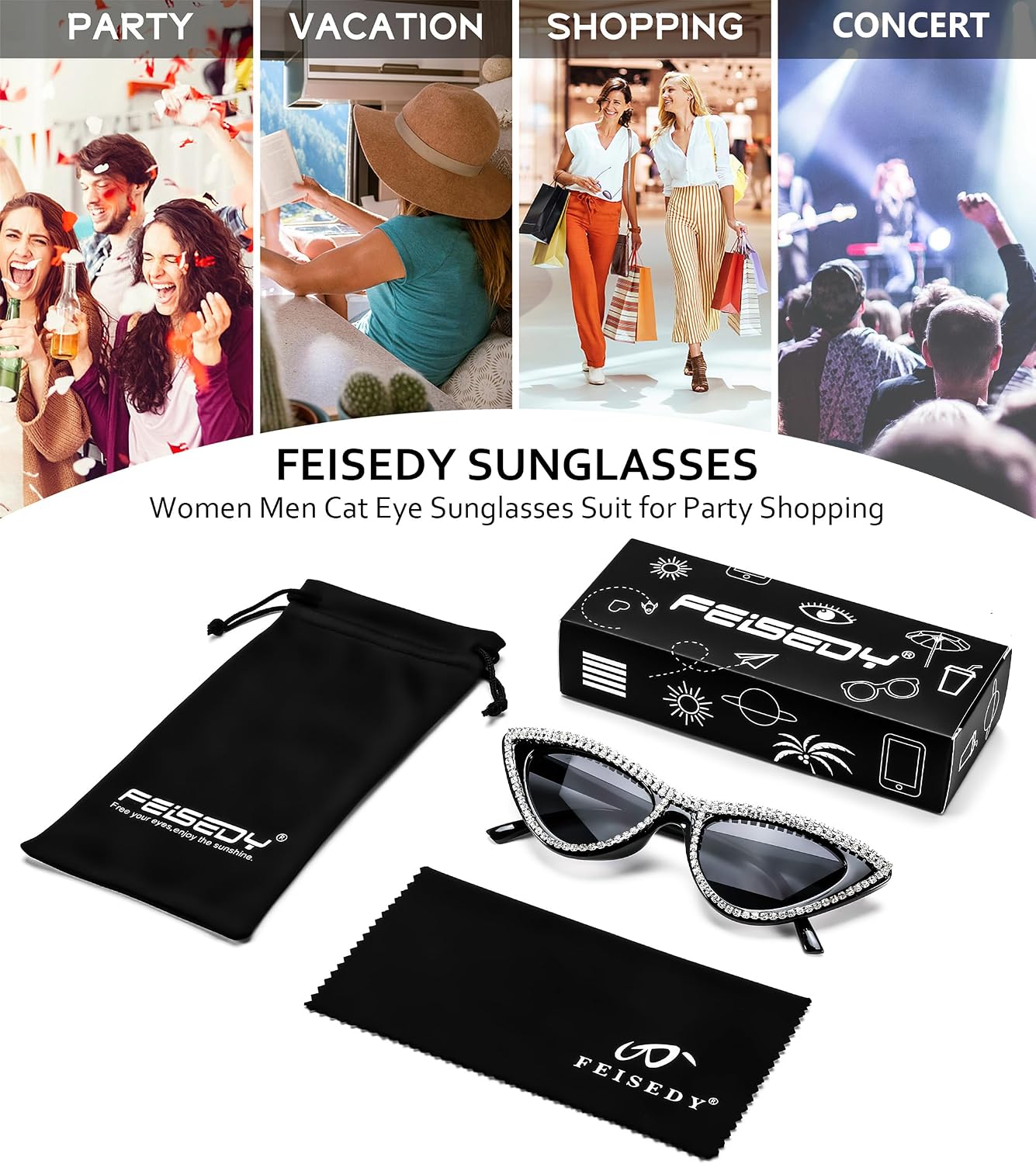 商品图片 49 | B0BZ7YMM4F | FEISEDY Oversized Women Cat Eye Rhinestone Sunglasses Costume Party B2360