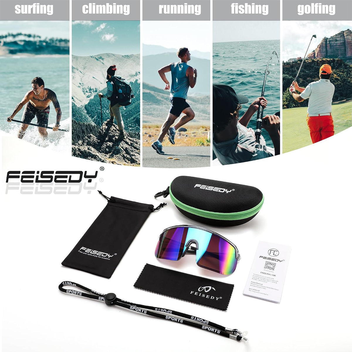 ÉÌƷͼƬ 13 | B0DGTRTMPX | FEISEDY Sports Sunglasses for Men and Women, Large Rectangular Lens, Baseball Cycling Running Sunglasses B0243