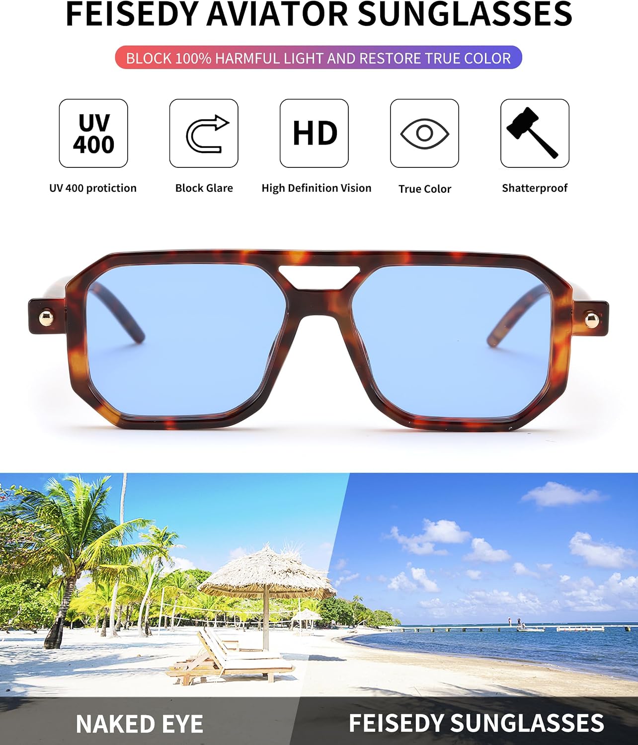 商品图片 171 | B09YTJ4FQZ | FEISEDY Vintage Square 70s Flat Aviator Sunglasses Women Men Classic Retro Stylish Frame UV400 Sunglasses B2622