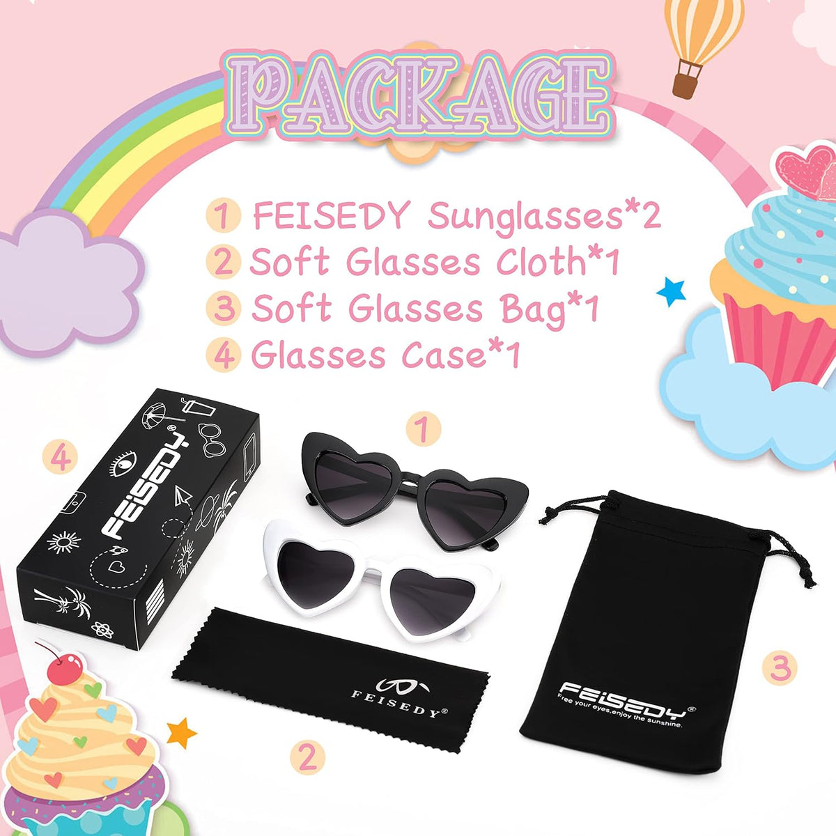商品图片 5 | B0B1M7BSBV | FEISEDY 2 Pack Vintage Heart Sunglasses Toddler De Sol Gafas Beach Party Holiday Sun Glasses B2903
