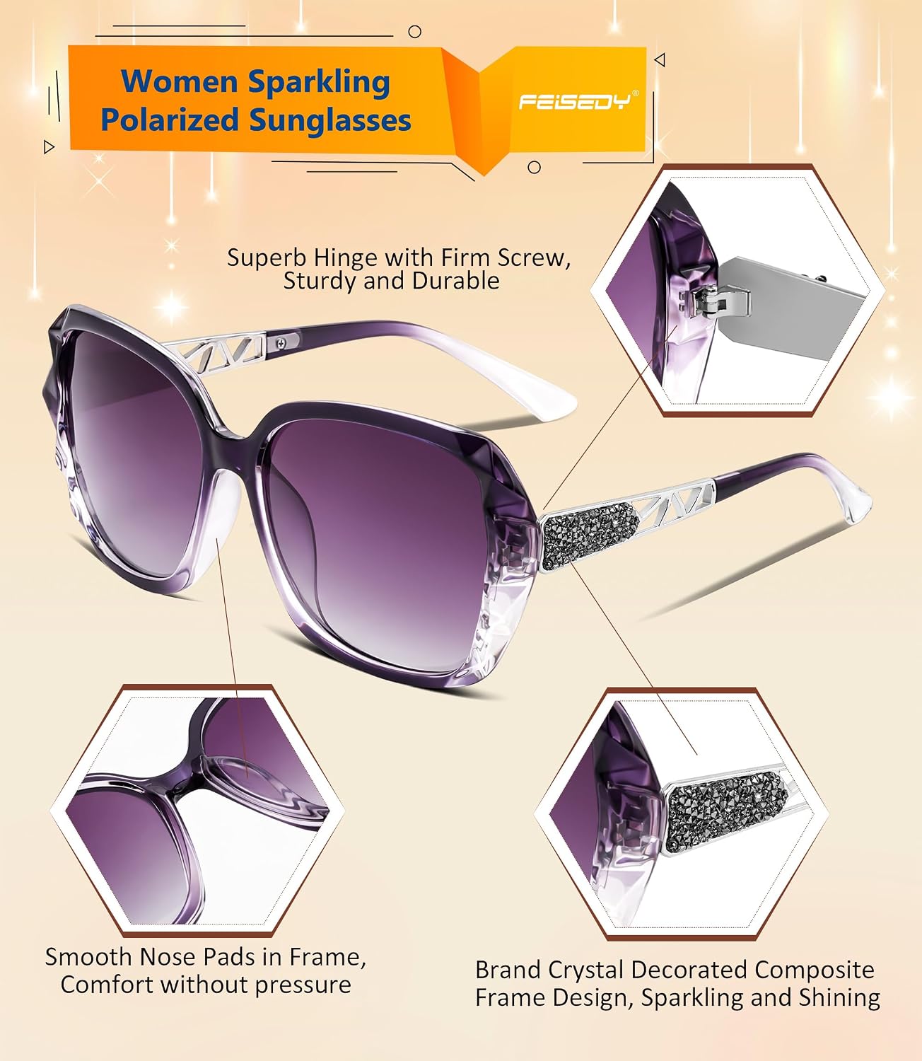 商品图片 28 | B079GT4RXH | FEISEDY Polarized Women Square Sunglasses Sparkling Composite Shiny Frame B2289