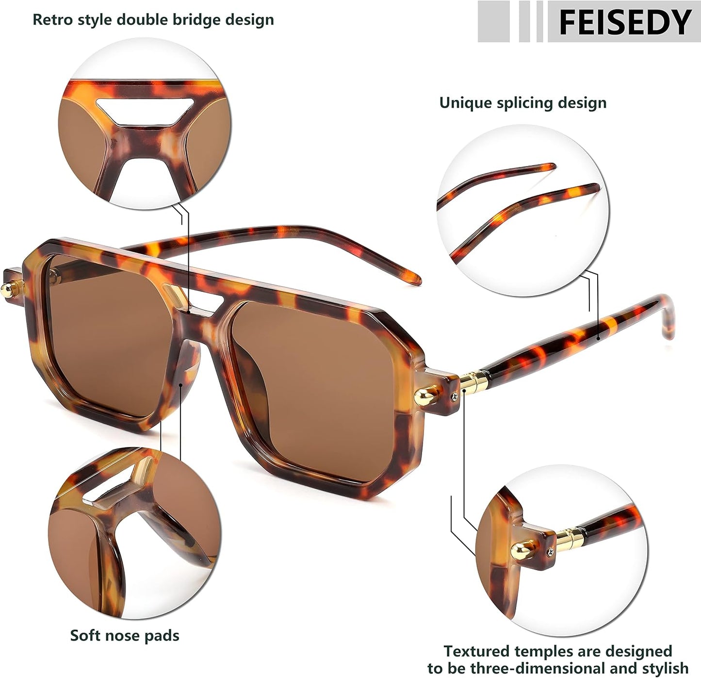 商品图片 5 | B09YTJ4FQZ | FEISEDY Vintage Square 70s Flat Aviator Sunglasses Women Men Classic Retro Stylish Frame UV400 Sunglasses B2622