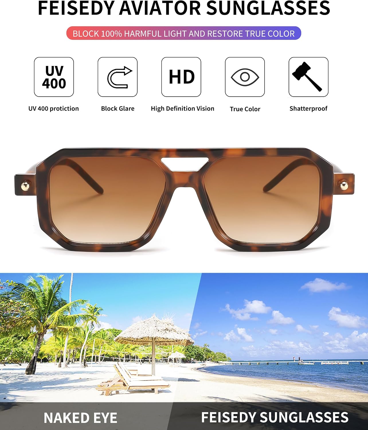 商品图片 61 | B09YTJ4FQZ | FEISEDY Vintage Square 70s Flat Aviator Sunglasses Women Men Classic Retro Stylish Frame UV400 Sunglasses B2622