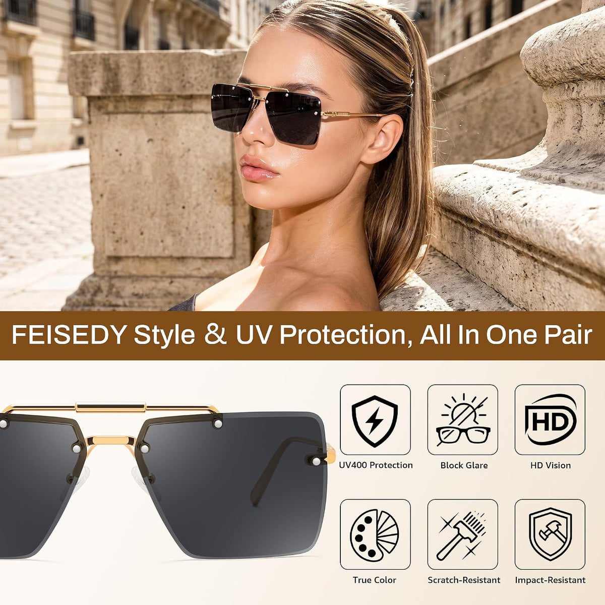 商品图片 5 | B0HFJXV98G | FEISEDY Rimless Aviator Sunglasses for Women Men Luxury UV400 Shades