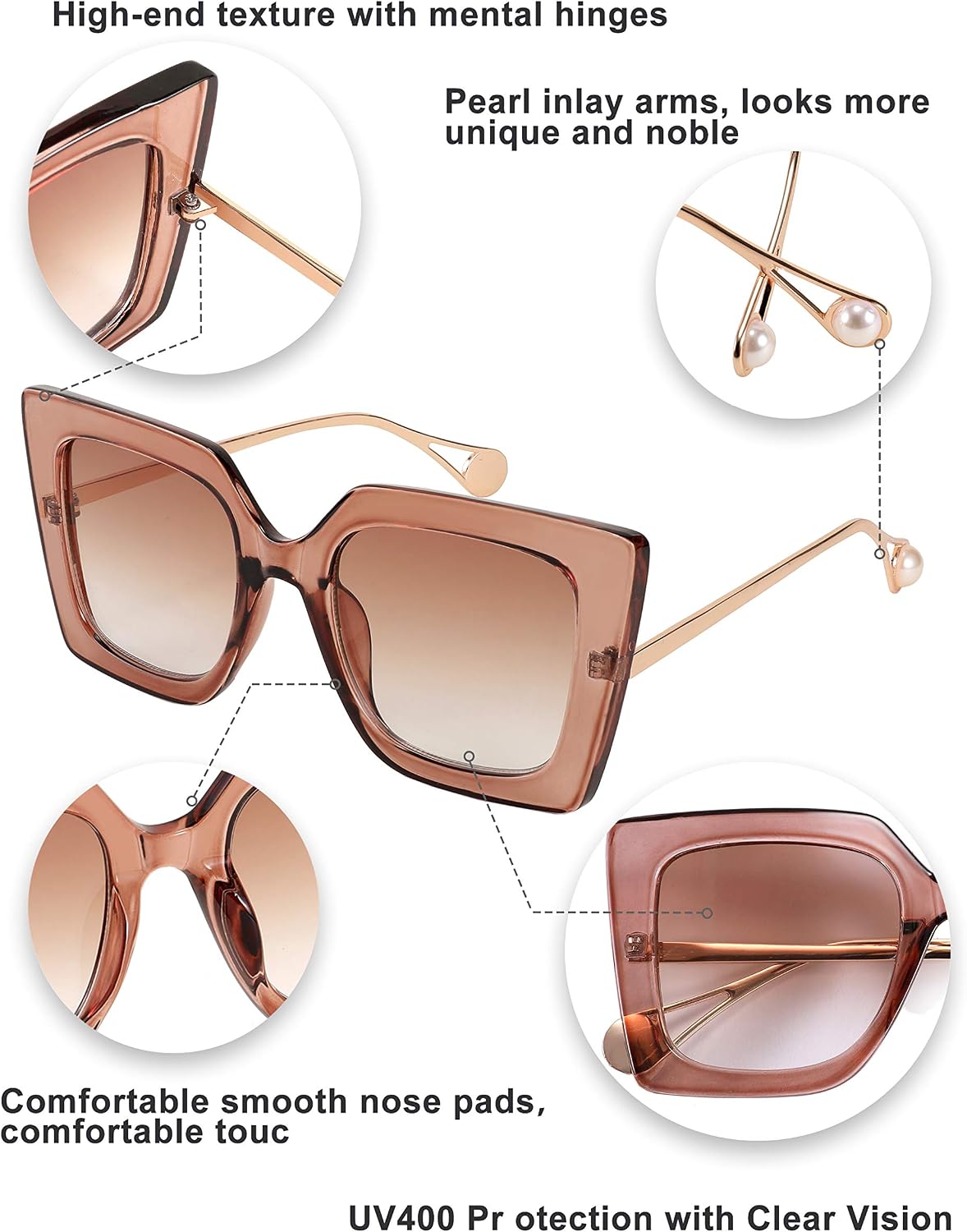 商品图片 5 | B08HVPGJW5 | FEISEDY Sunglasses Womens Trendy, Oversized Square Shades, Pearl Inlay Cat Eye Frame UV400 Protection B2625