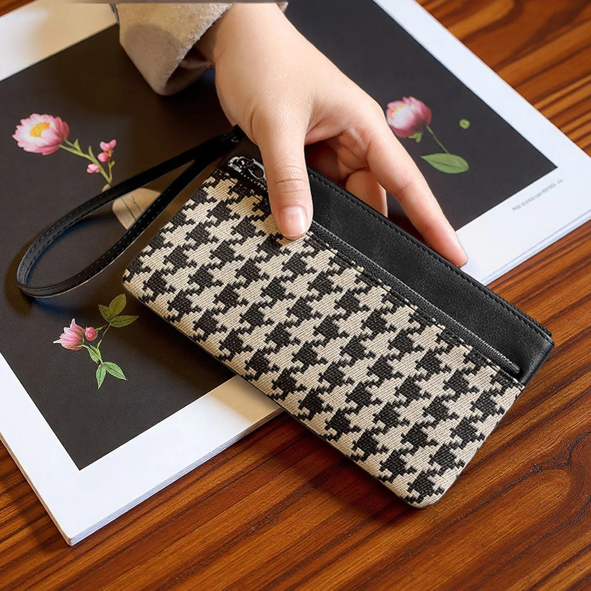 Default Title | B0FX9CLZGR | Vintage Houndstooth Long Wallet for Women, Small Wallets Woman with Wrist Strap Womens Wallet for Phone Cards