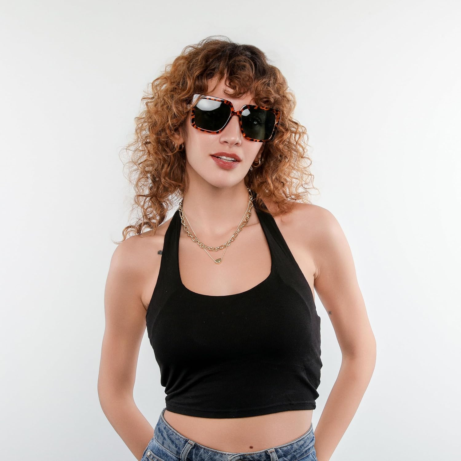 商品图片 108 | B08HVPGJW5 | FEISEDY Sunglasses Womens Trendy, Oversized Square Shades, Pearl Inlay Cat Eye Frame UV400 Protection B2625