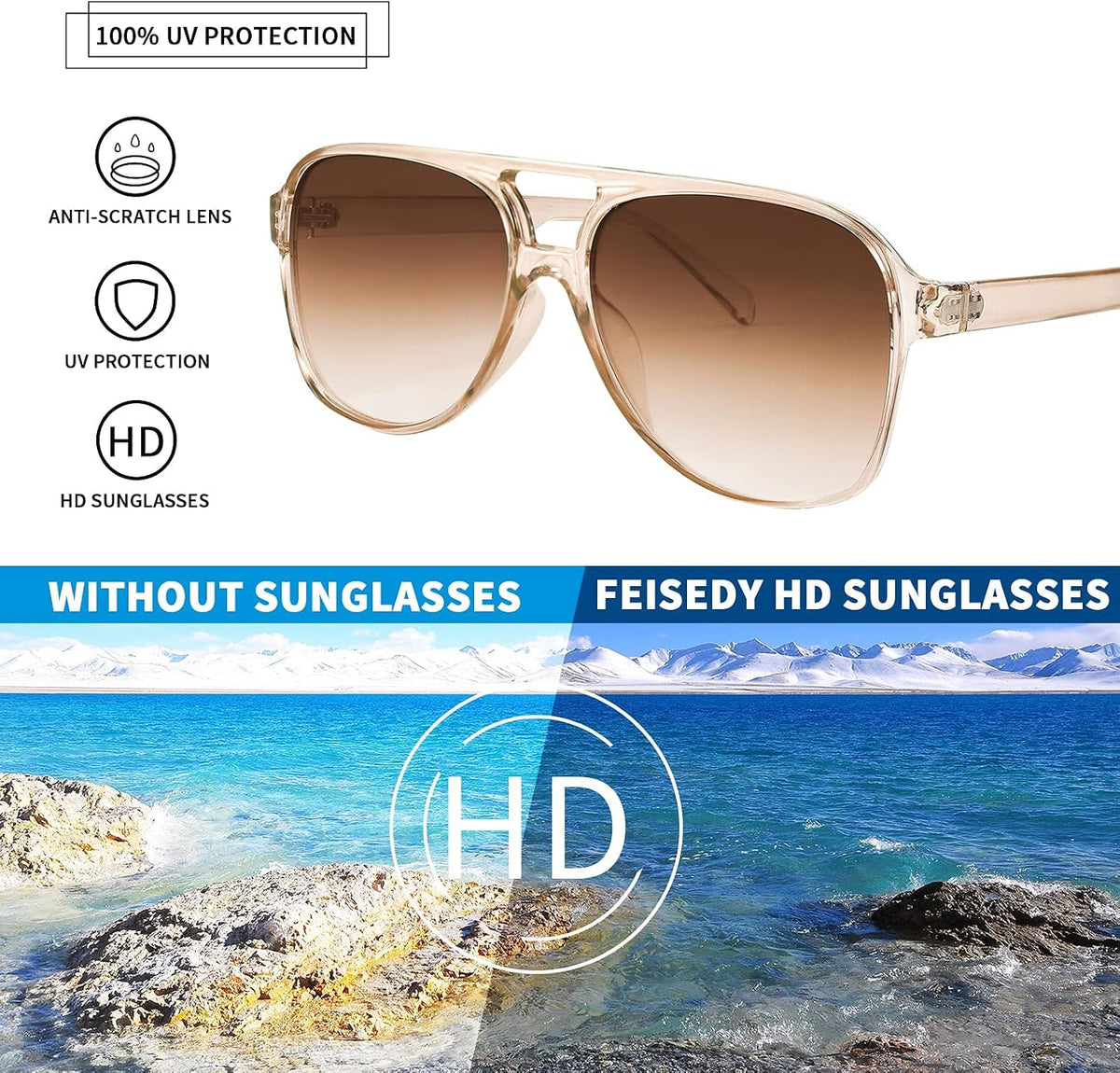 ÉÌƷͼƬ 32 | B0CB543WBD | FEISEDY Vintage Retro 70s Plastic Aviator Sunglasses Women Men Classic Large Squared Frame B2751