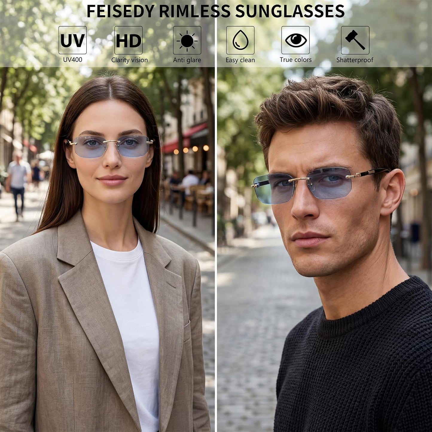 商品图片 65 | B0CY2Q4VW1 | FEISEDY Rimless Sunglasses Y2K Retro Small Narrow Rectangle Shades B2643