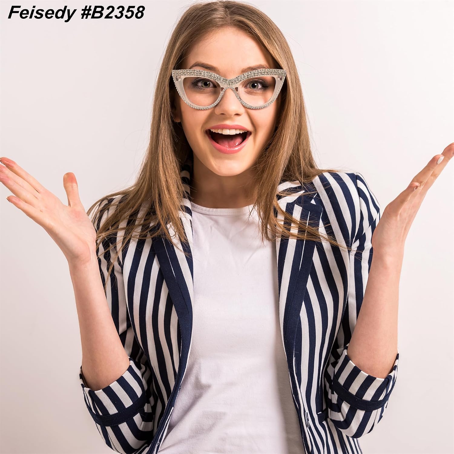 商品图片 31 | B0BLH5NHK8 | FEISEDY Diamond Blue Light Blocking Glasses Cat Eye Rhinestone Women Oversized Anti Eyestrain Computer Glasses Frame B2358