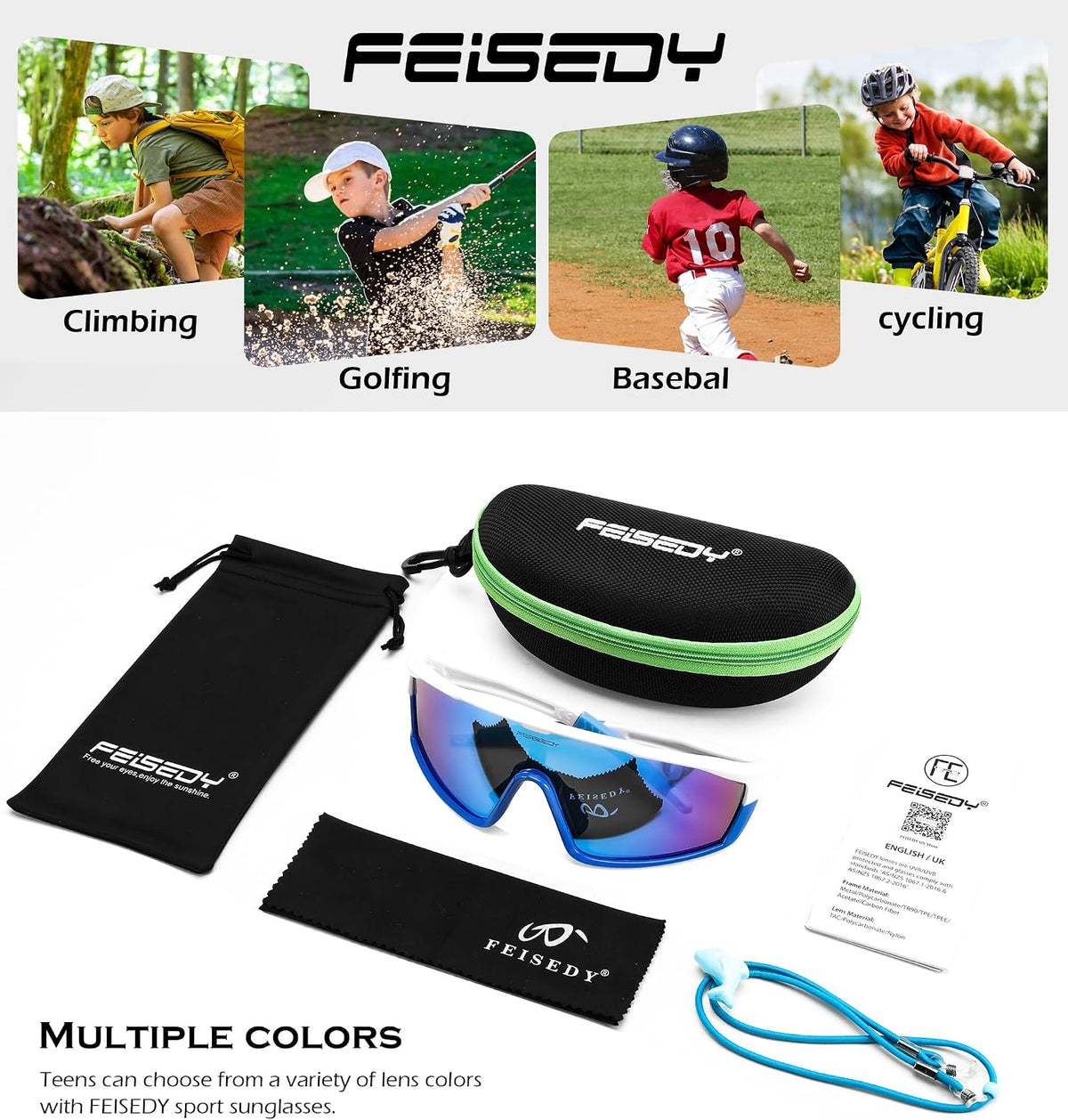 ÉÌƷͼƬ 35 | B0DFLMHFF6 | FEISEDY Kids Teens Baseball Polarized Sunglasses Lightweight TR90 Frame UV400 Sports Cycling Shades for Boys Girls B0186