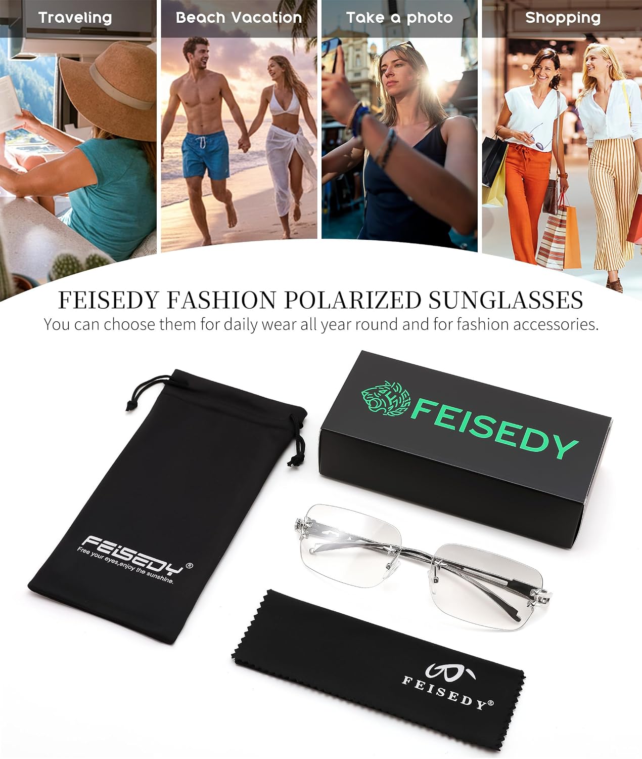 商品图片 13 | B0GX6FSM23 | FEISEDY Retro Rimless Rectangle Y2K Tinted Sunglasses for Women Men B0423