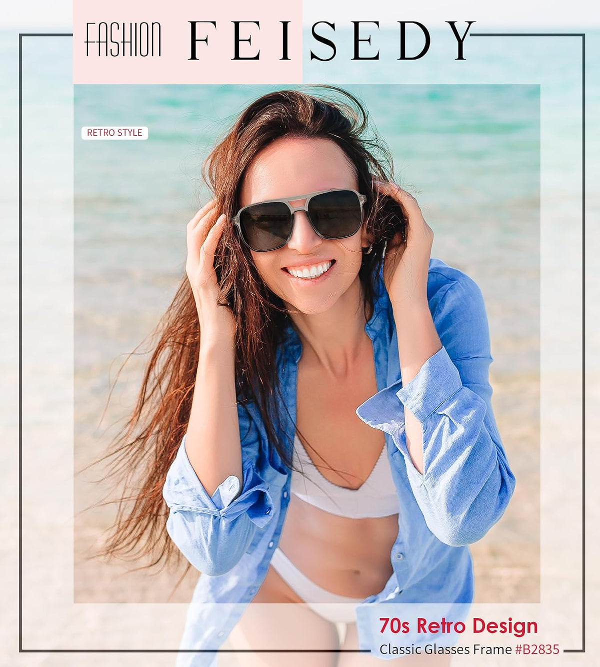 商品图片 23 | B0B3XKHTR1 | FEISEDY Retro Square Aviator Sunglasses Women Men 70s Vintage Trendy Plastic Frame Sun Glasses B2835