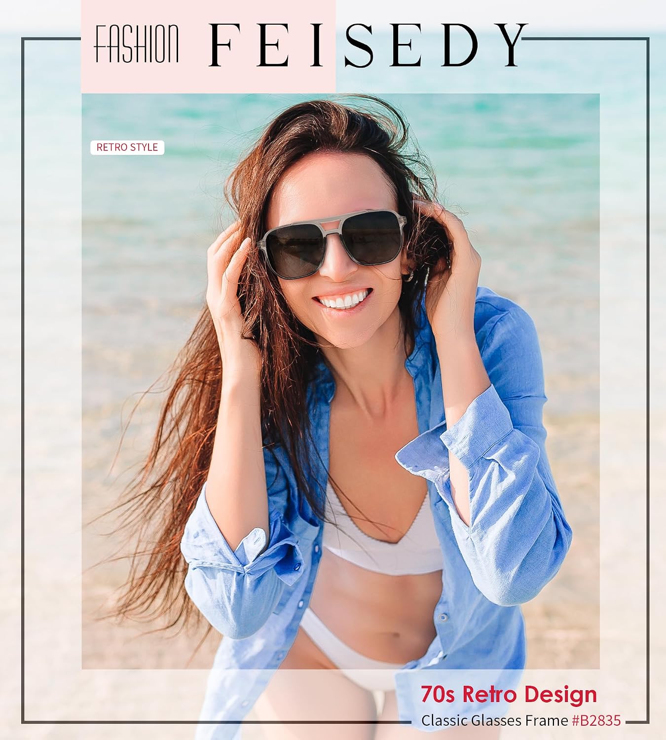 商品图片 29 | B09J8999GR | FEISEDY Retro Square Aviator Sunglasses Women Men 70s Vintage Trendy Plastic Frame Sun Glasses B2835