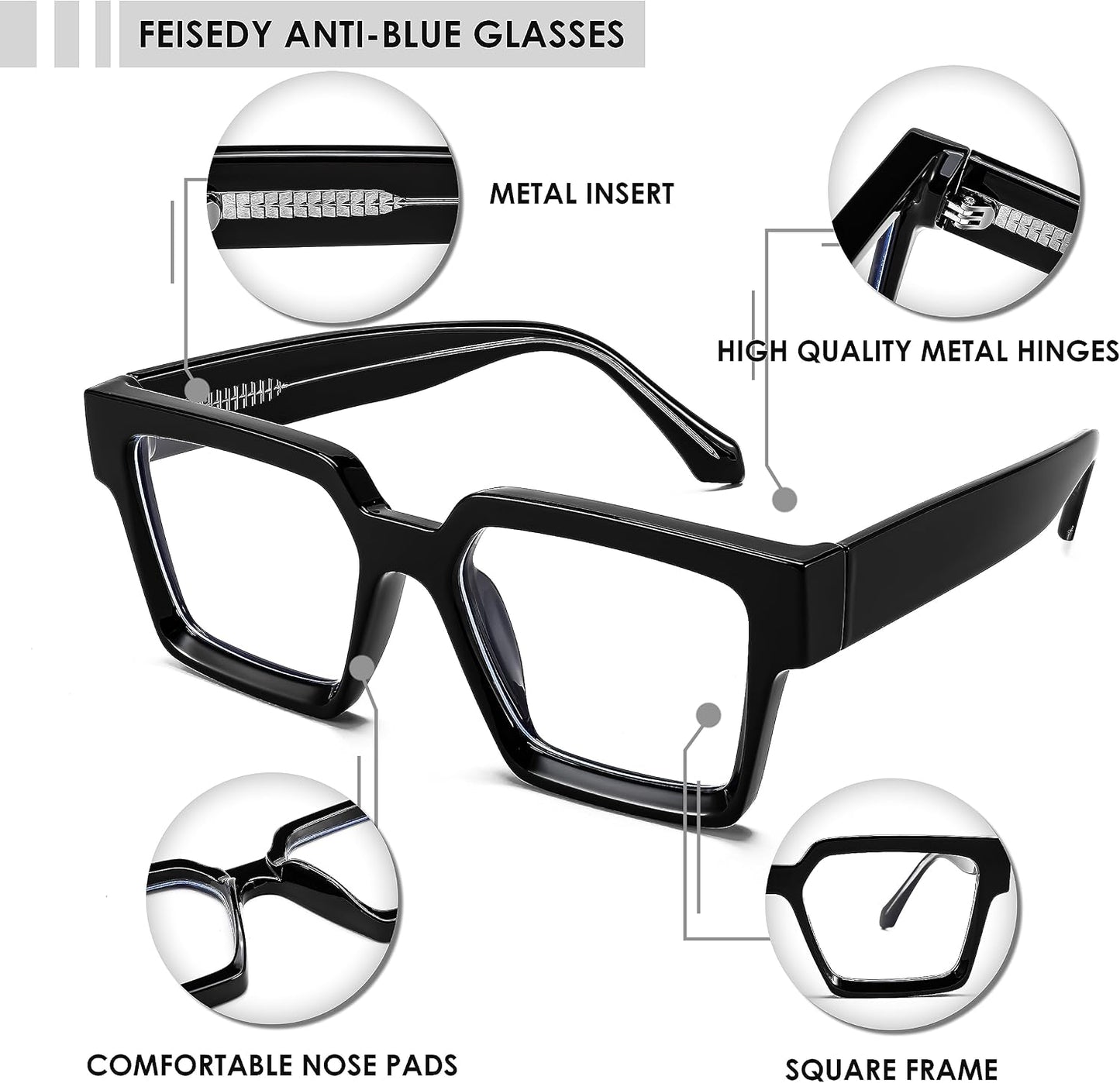 商品图片 19 | B0CDBH37B5 | FEISEDY Oversized Blue Light Glasses for Women Men TR90 Retro Square Anti Eyestrain Glasses Rectangle Fashion Frame B0037