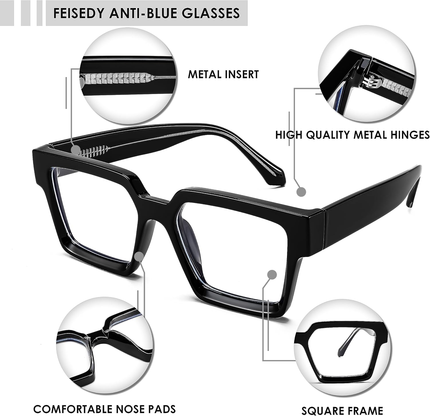 商品图片 19 | B0CDBH37B5 | FEISEDY Oversized Blue Light Glasses for Women Men TR90 Retro Square Anti Eyestrain Glasses Rectangle Fashion Frame B0037